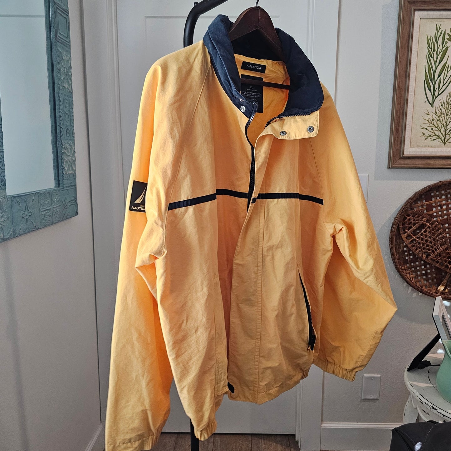 Vintage Nautica Gold/Blue Zip Up Wind Breaker Hidden Hood Mens Size XL