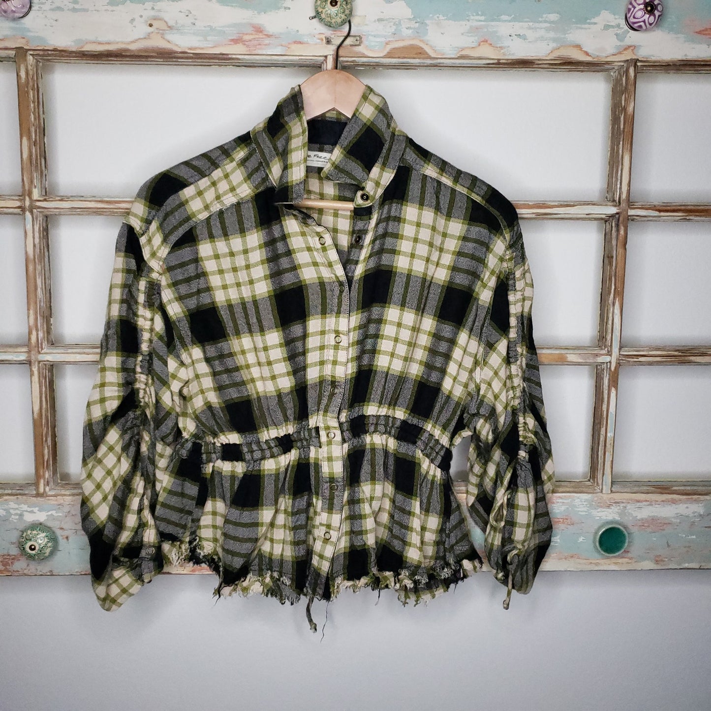 Free People Pacific Dawn Plaid Button Down Black/ Yellow Top size X-small