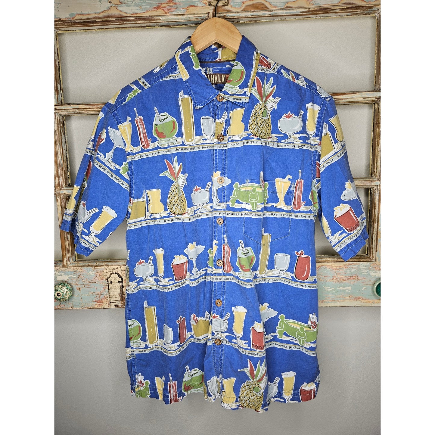 Kahali Hawaiian Shirt Tropical Drinks Button Up Short-Sleeve Size Large