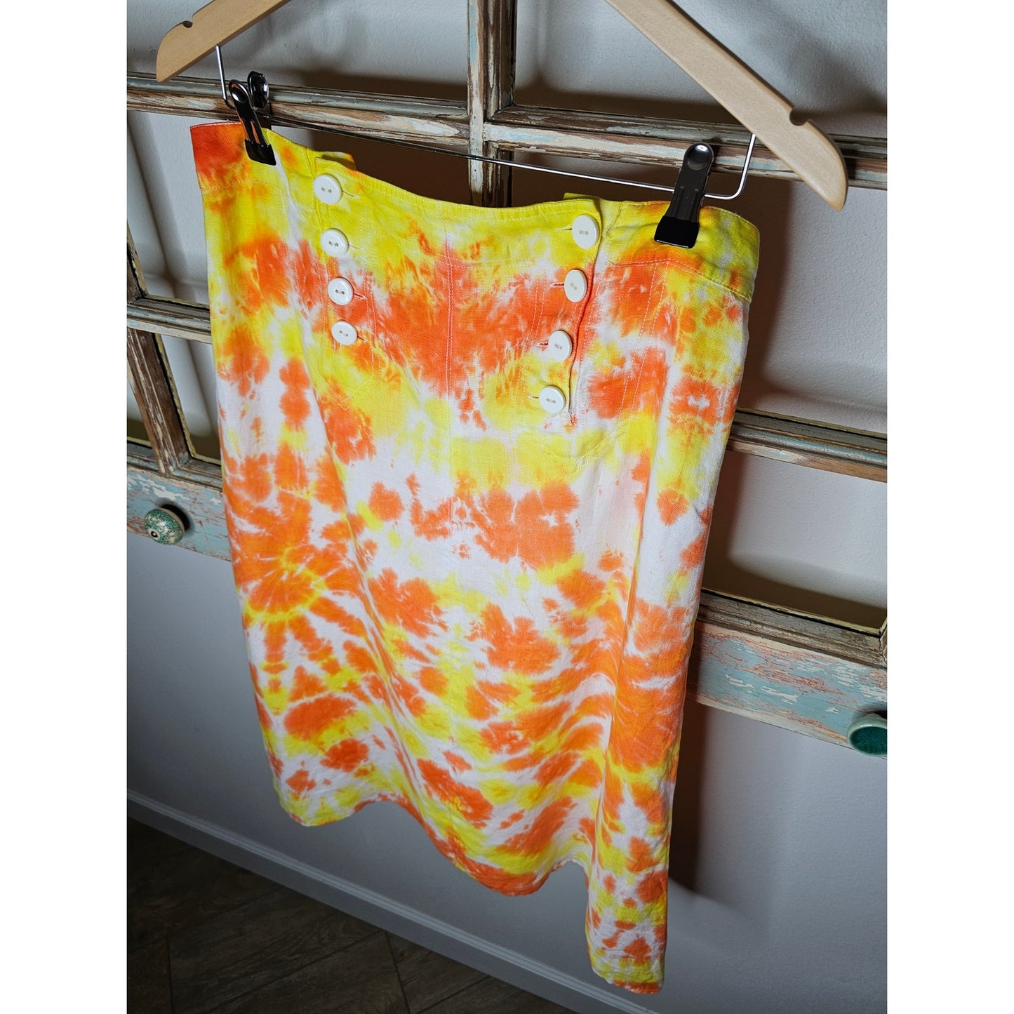 Linen Tie Dye Ladies Midi lined skirt In Yellow/ Orange by David Brooks Size 6