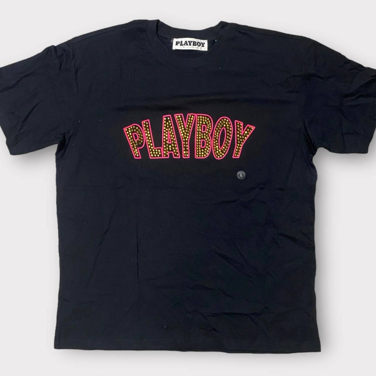 Playboy Pacsun black Tee with Bling PLAYBOY on front in stones size large NWT