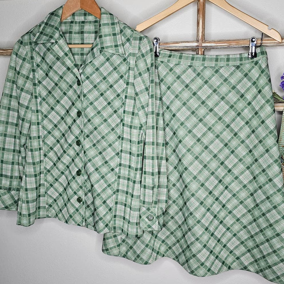 Retro Polyester 70's Skirt and Blazer Green Plaid Set Size 10