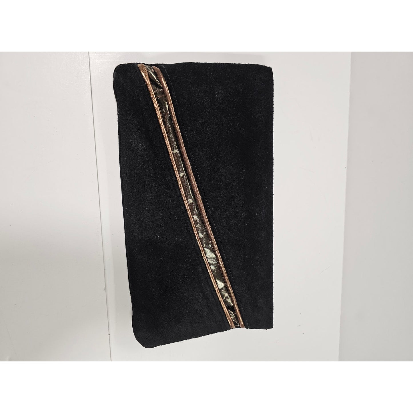 Vintage Clutch Black Suede with metal zipper and Copper strap