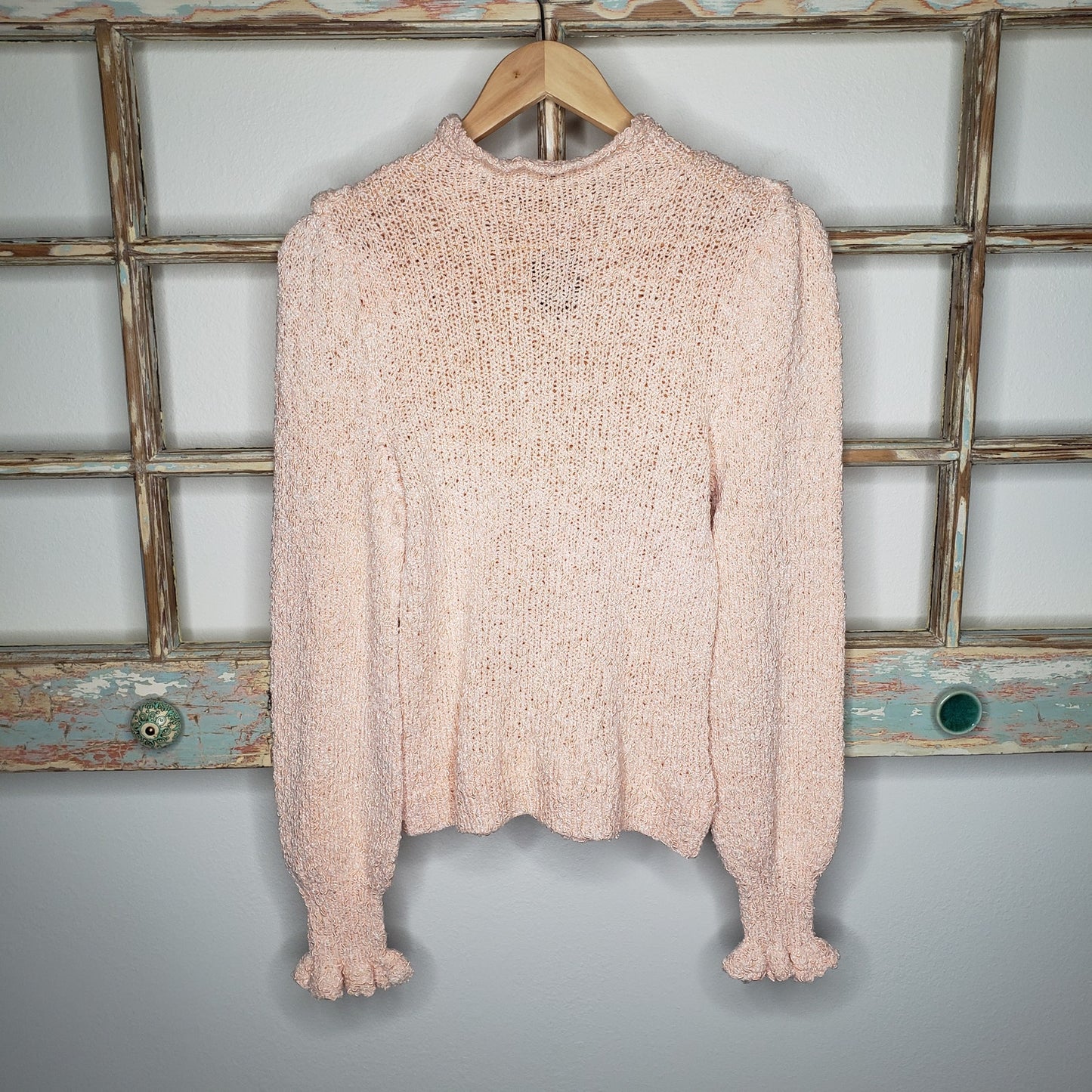 Vintage Light Peach Sweater Ruffles Neckline/ Cuffs ladies size small
