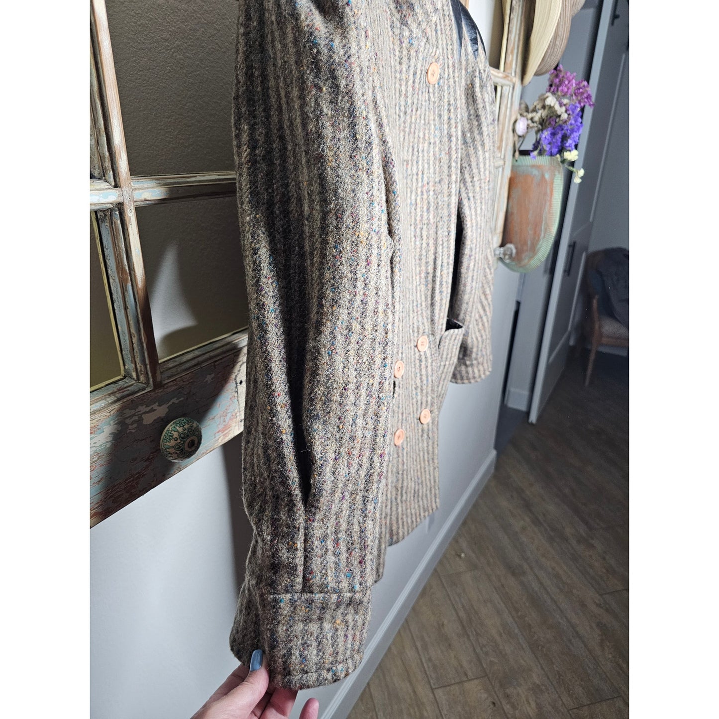 Wool Double Breasted Womans coat with pockets and leather accents size 1X
