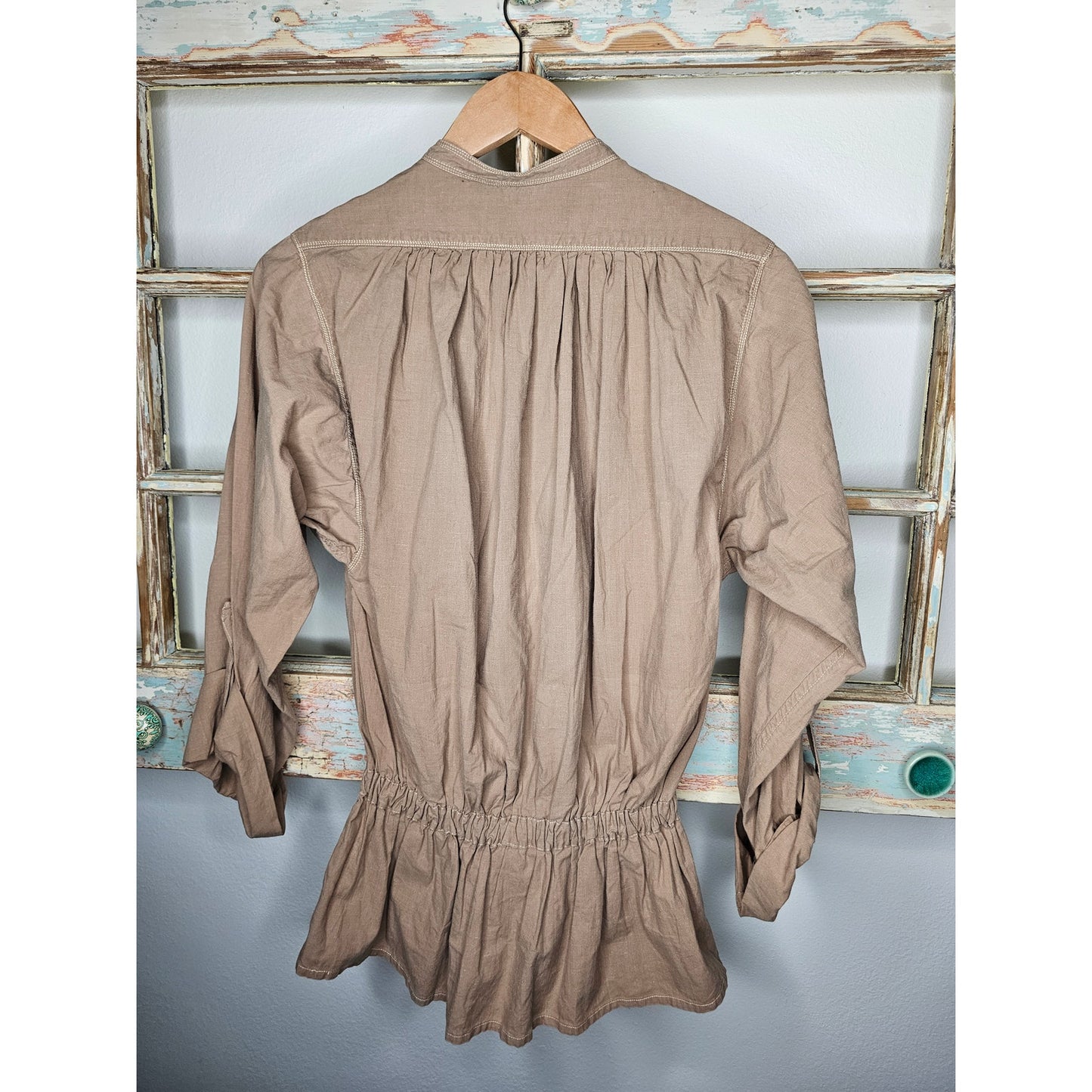 Vintage Nitya Khaki Top with elastic waist and embroidery Ladies size Medium