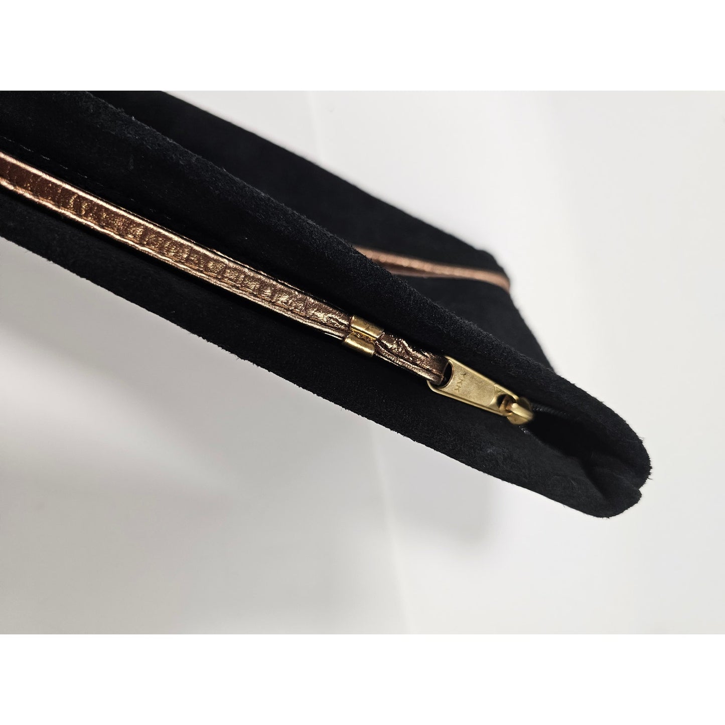 Vintage Clutch Black Suede with metal zipper and Copper strap