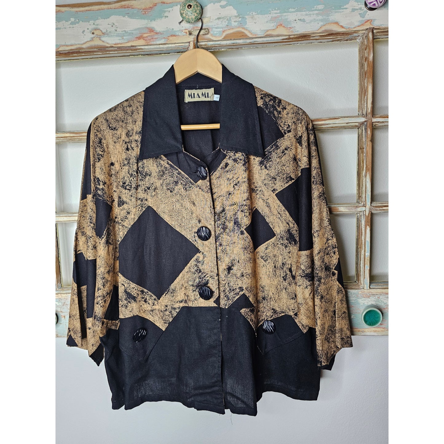 Vintage MIAMI Button Up Linen Top With Dolman Sleeves Size Large