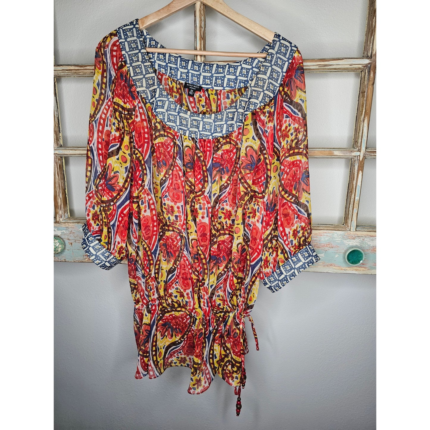 Nine West Vibrant Sheer Drawstring Scoop neck blouse size 2X