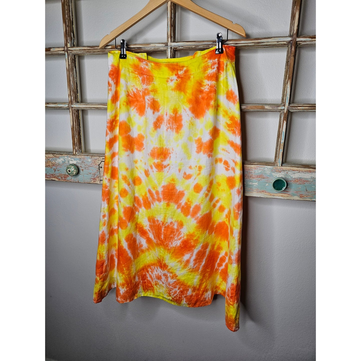 Linen Tie Dye Ladies Midi lined skirt In Yellow/ Orange by David Brooks Size 6