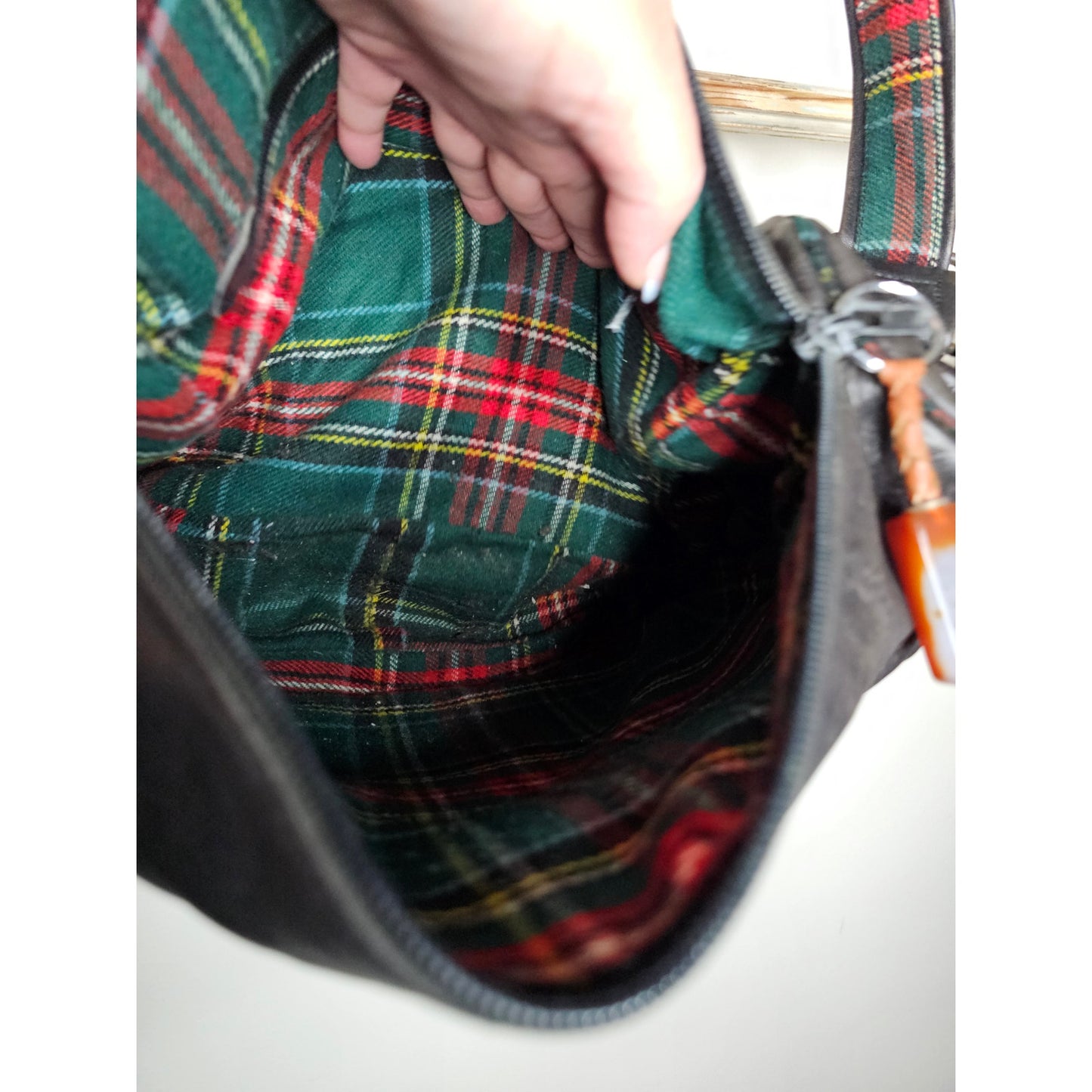 Vintage Black Leather Shoulder Bag with Plaid Contrast Unisex bag by Envy