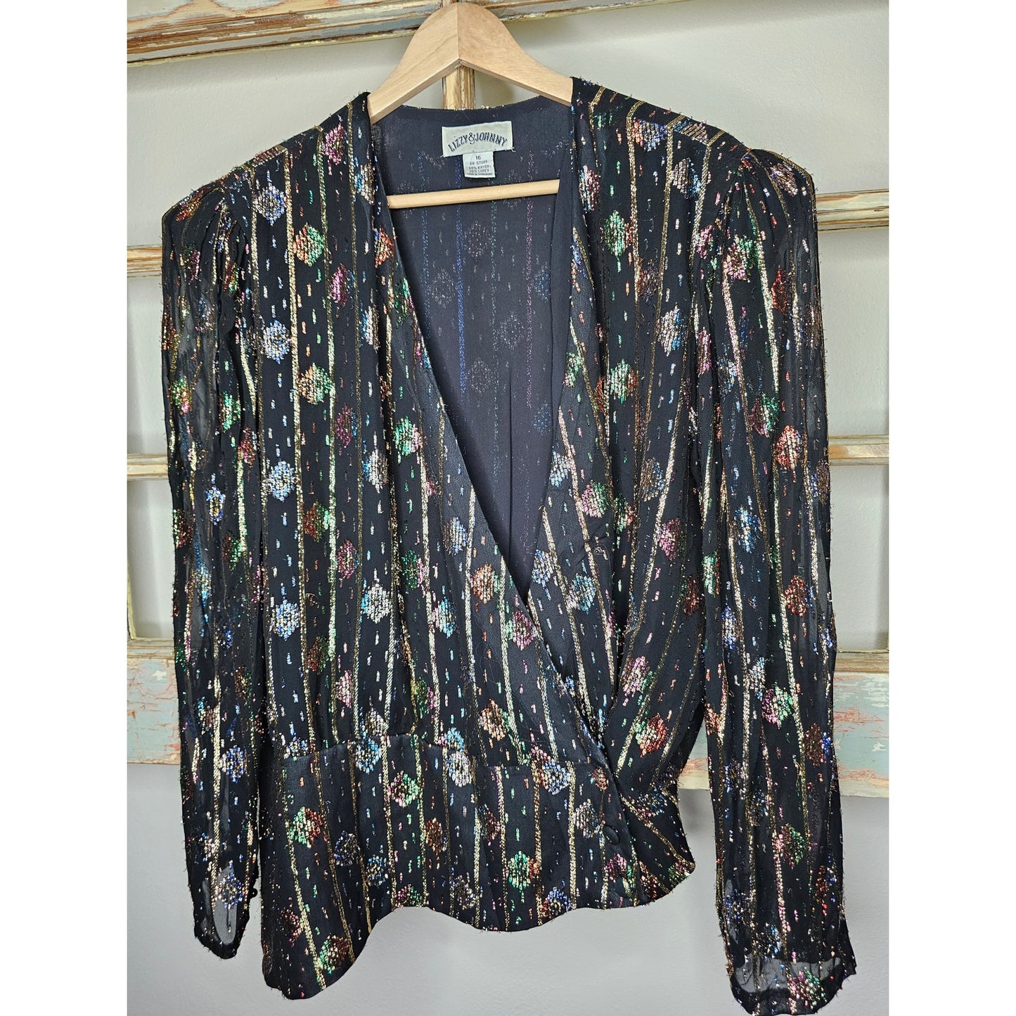 Vintage Lizzy & Johnny Wrap Blouse with Metallic Ladies size 16