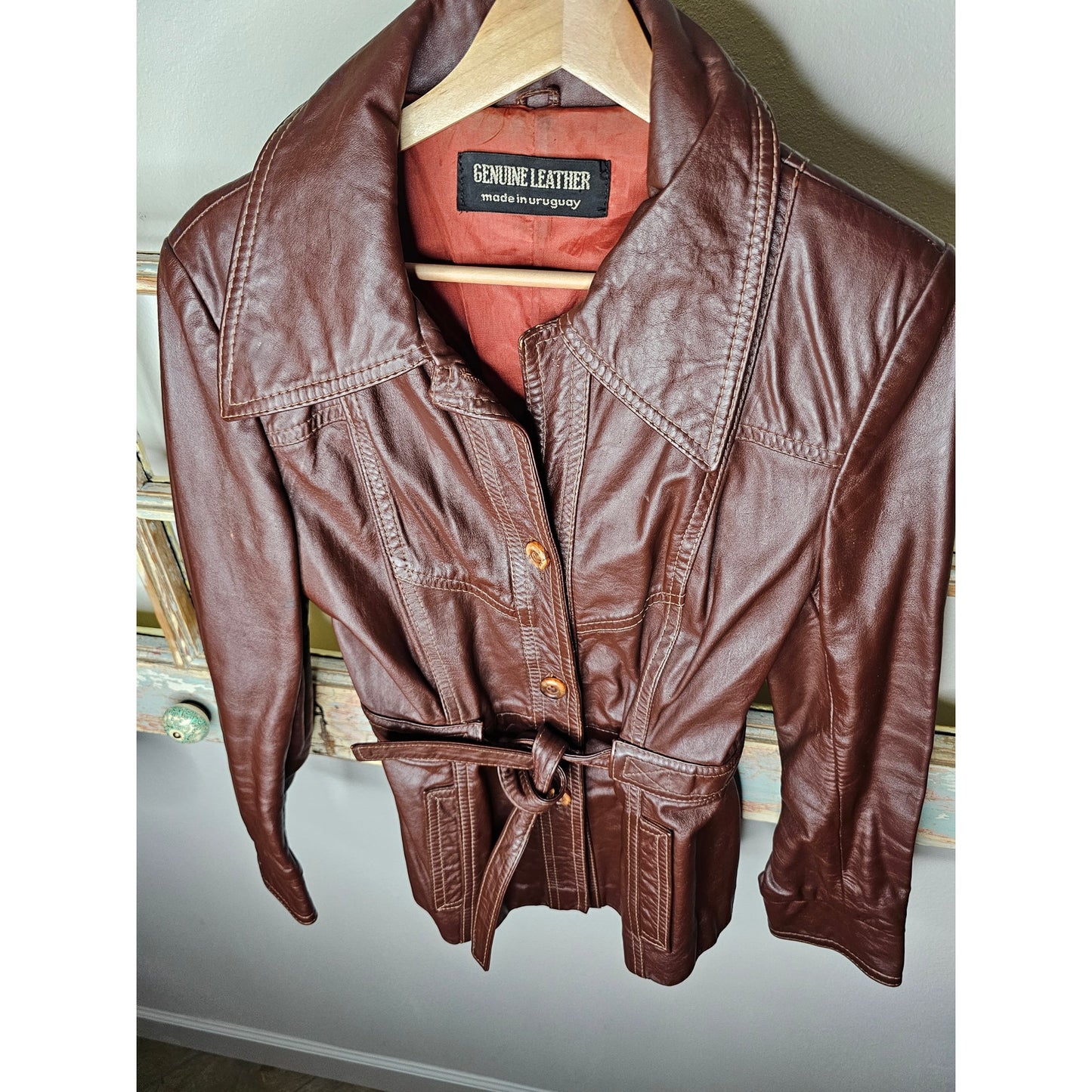 Vintage Leather Belted Dark Brown Jacket Ladies Size Small
