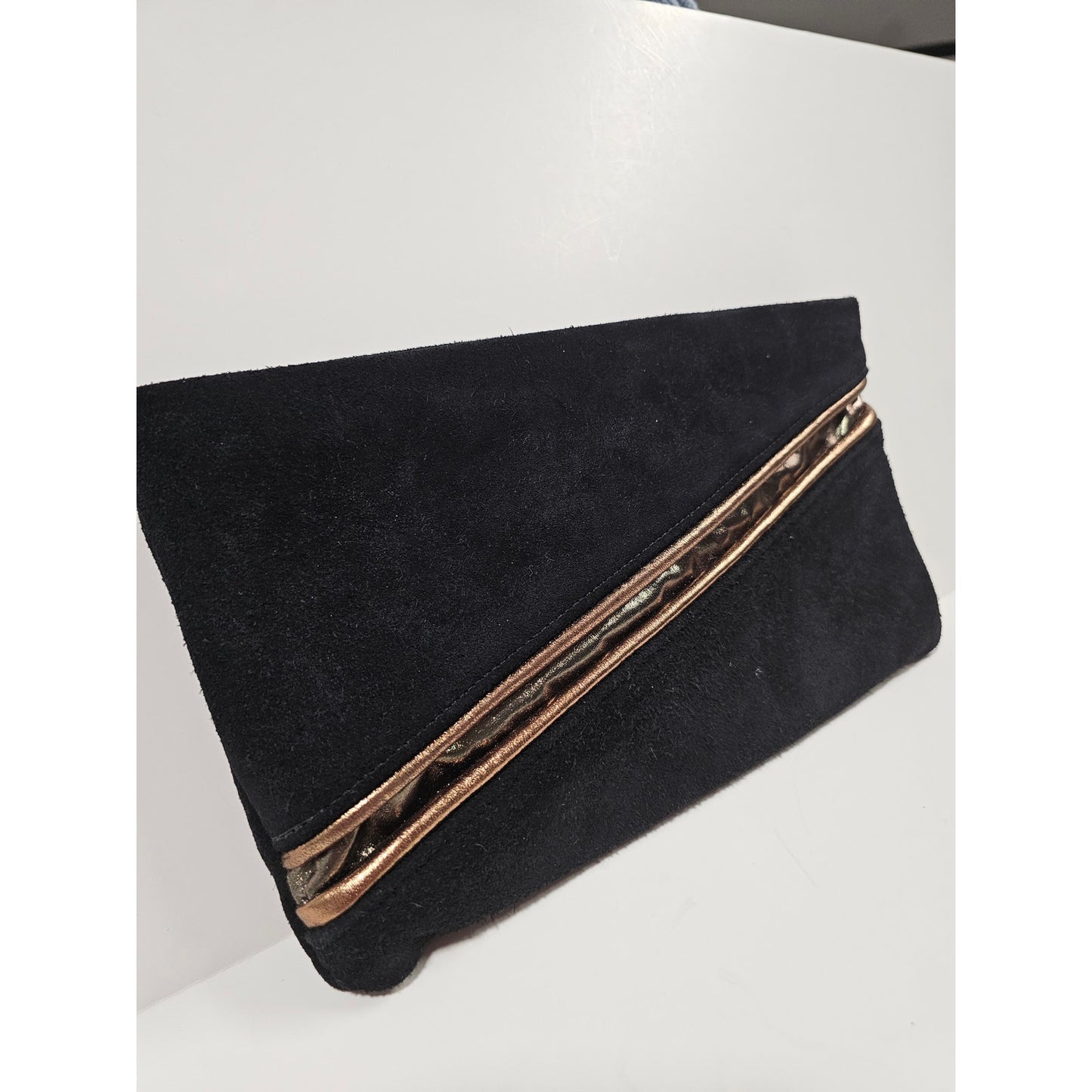 Vintage Clutch Black Suede with metal zipper and Copper strap