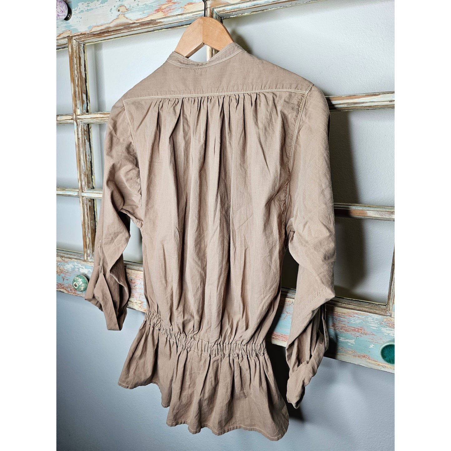 Vintage Nitya Khaki Top with elastic waist and embroidery Ladies size Medium