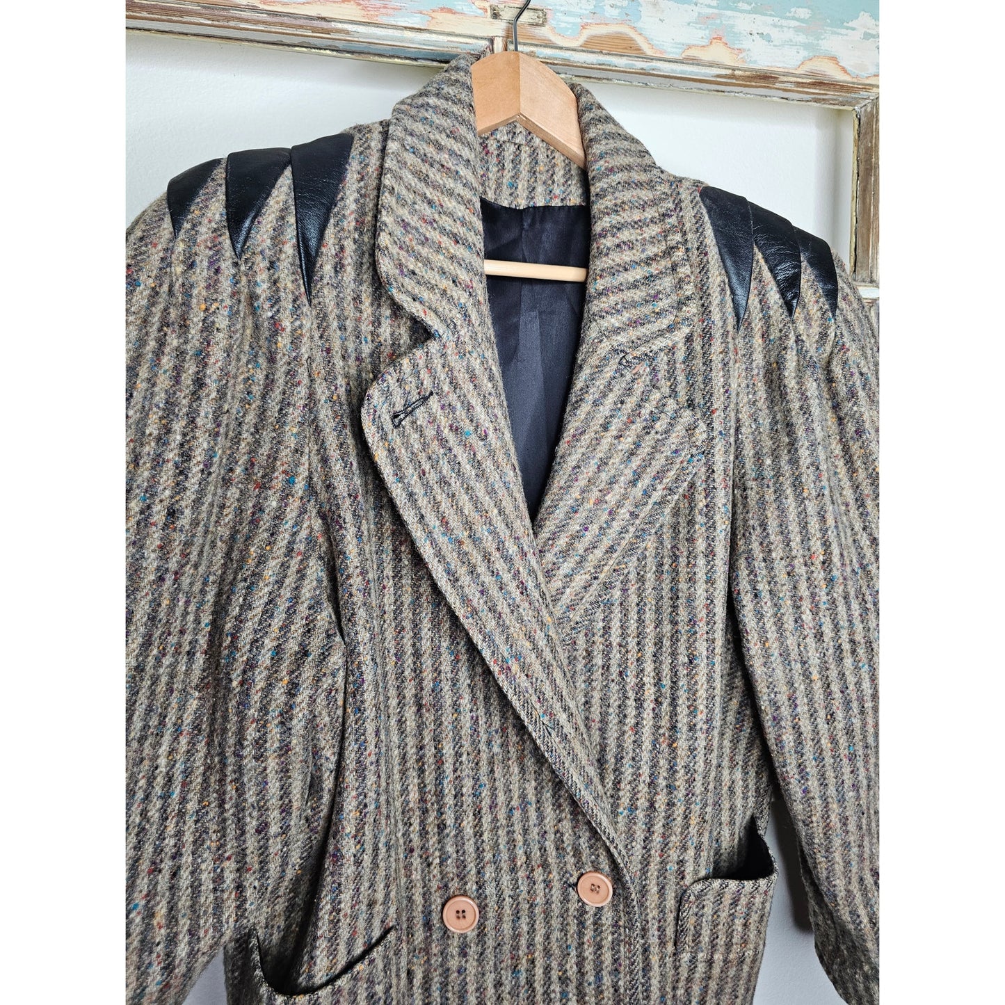 Wool Double Breasted Womans coat with pockets and leather accents size 1X
