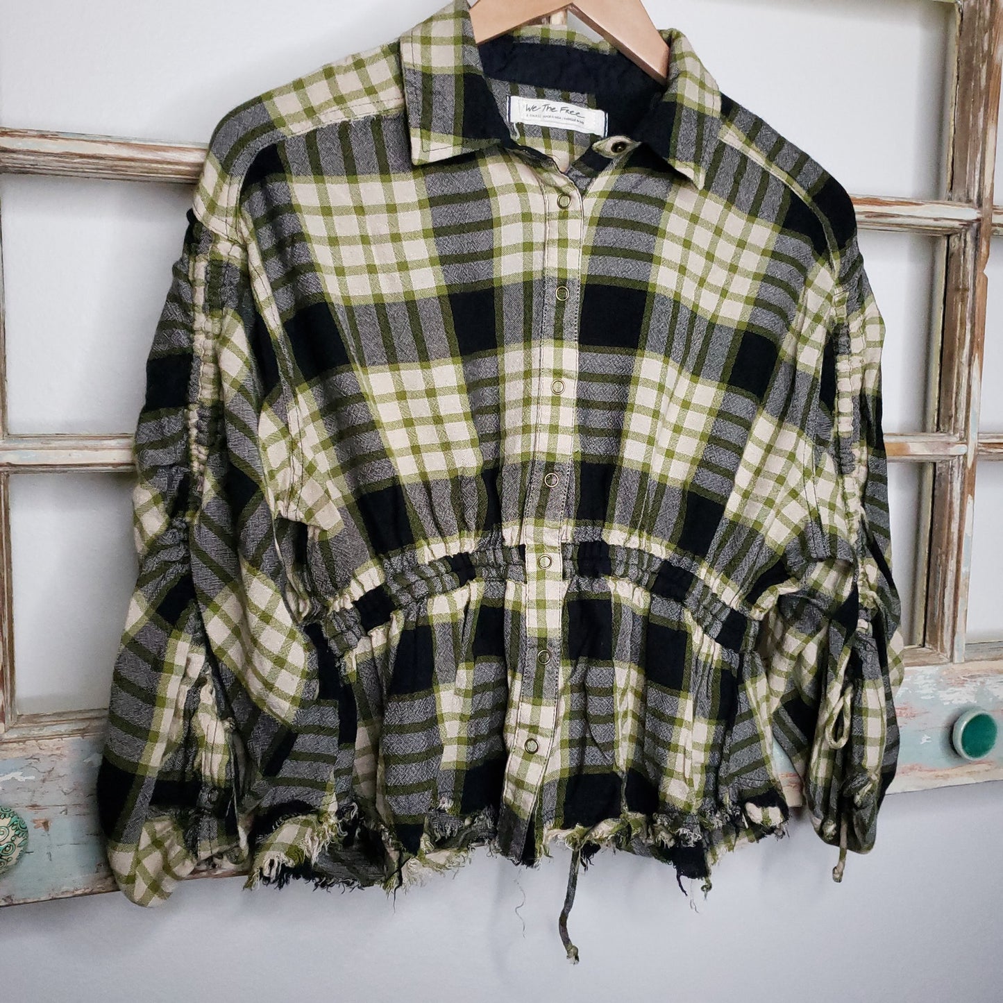Free People Pacific Dawn Plaid Button Down Black/ Yellow Top size X-small
