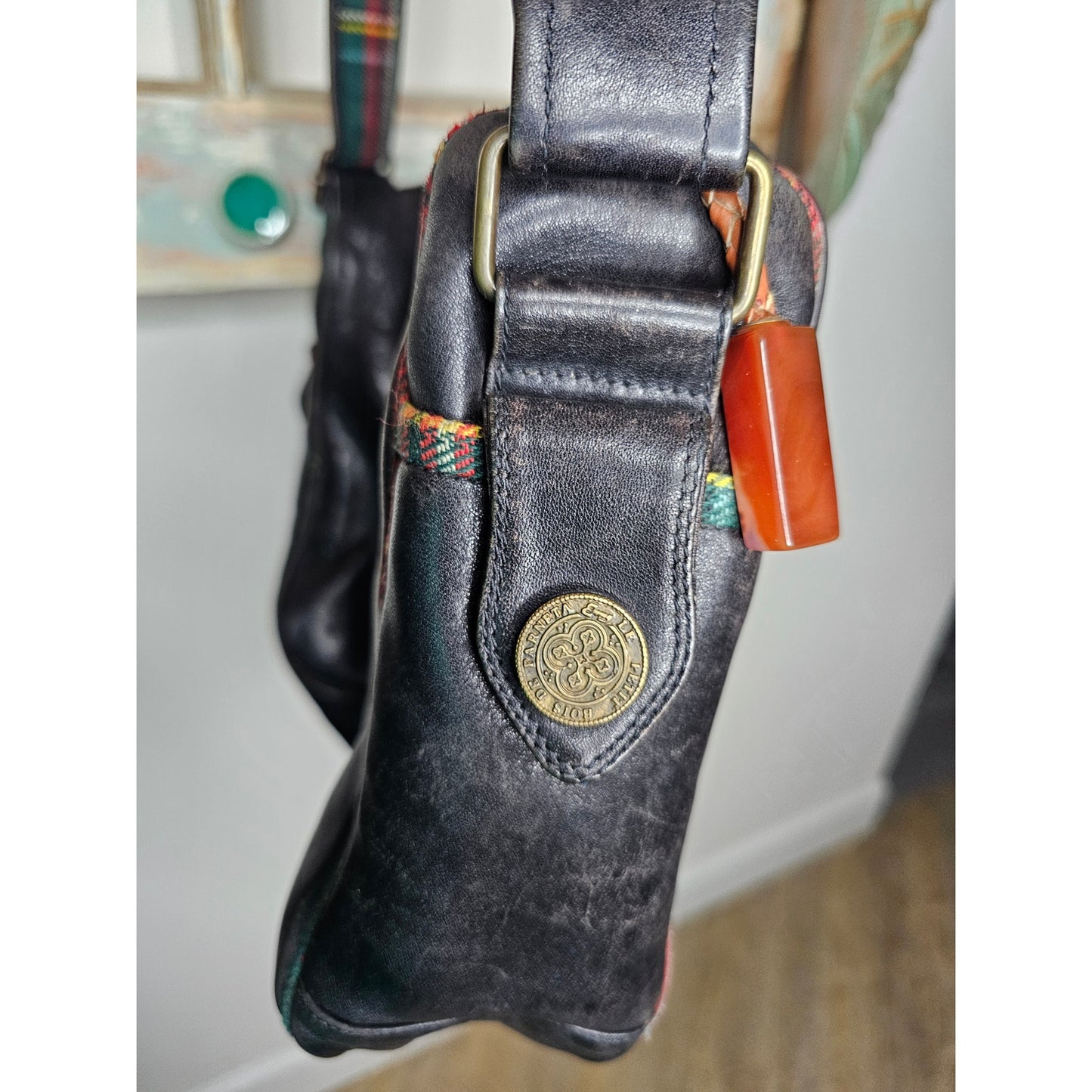 Vintage Black Leather Shoulder Bag with Plaid Contrast Unisex bag by Envy