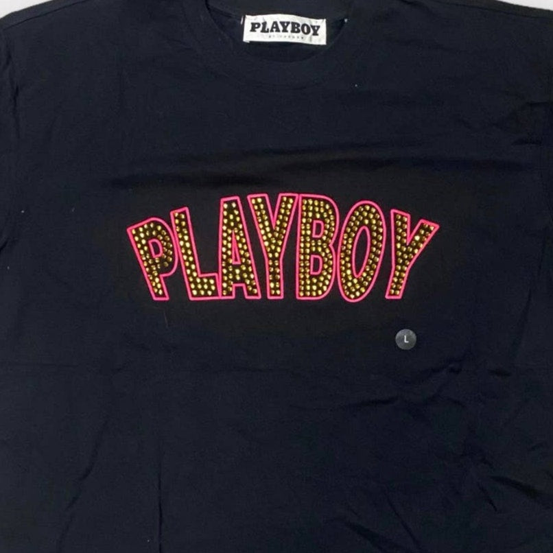 Playboy Pacsun black Tee with Bling PLAYBOY on front in stones size large NWT