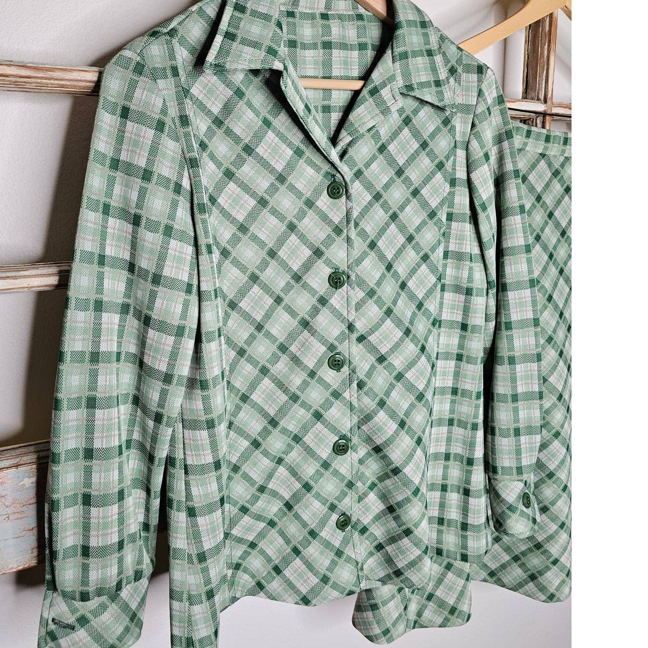 Retro Polyester 70's Skirt and Blazer Green Plaid Set Size 10