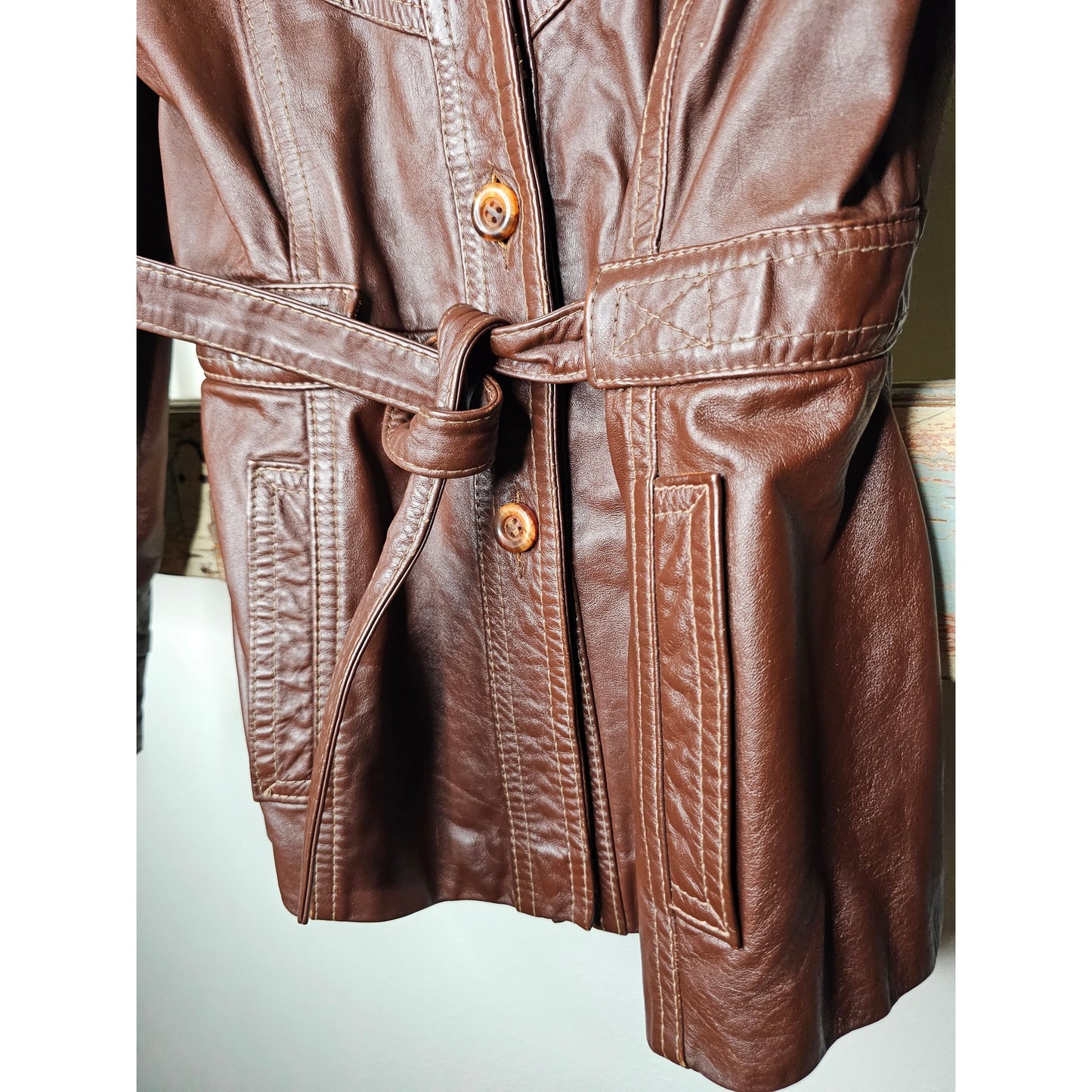 Vintage Leather Belted Dark Brown Jacket Ladies Size Small