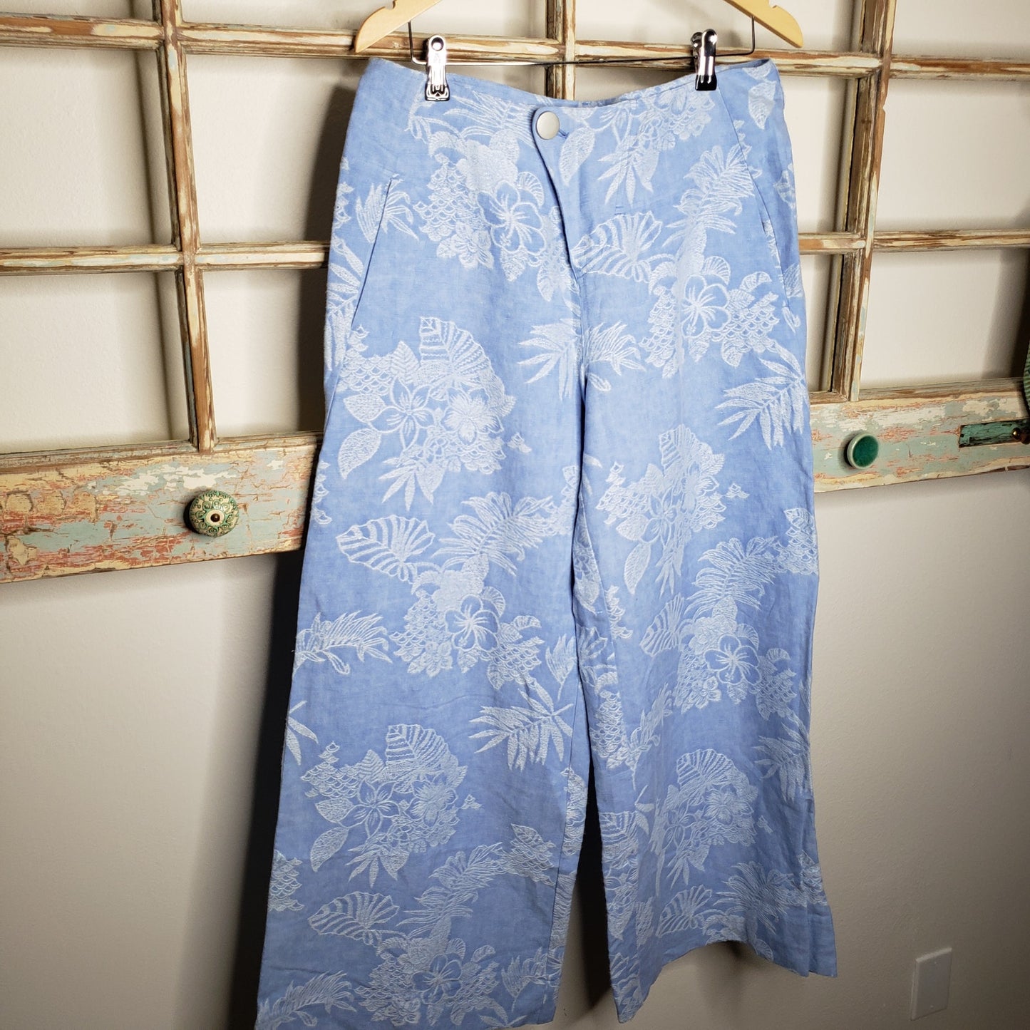 Metro Style Linen wide leg pants with floral embroidery size 12
