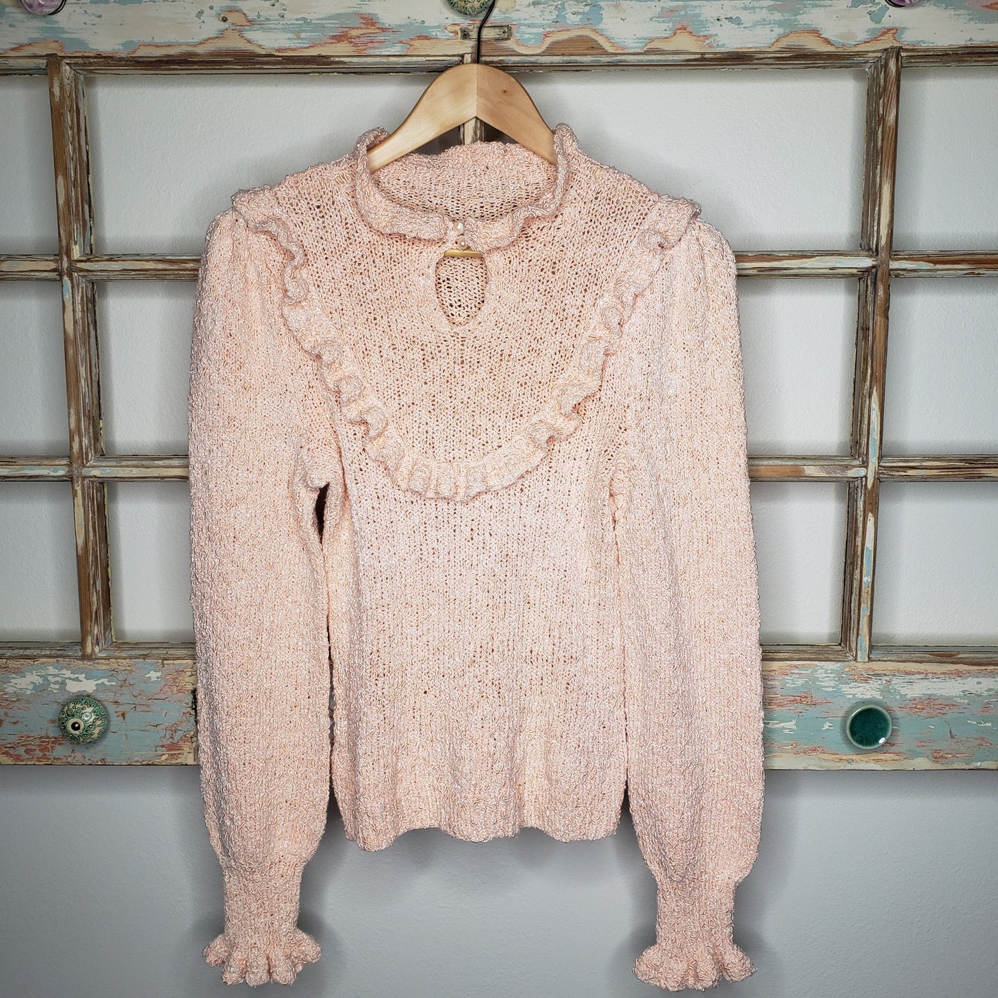 Vintage Light Peach Sweater Ruffles Neckline/ Cuffs ladies size small