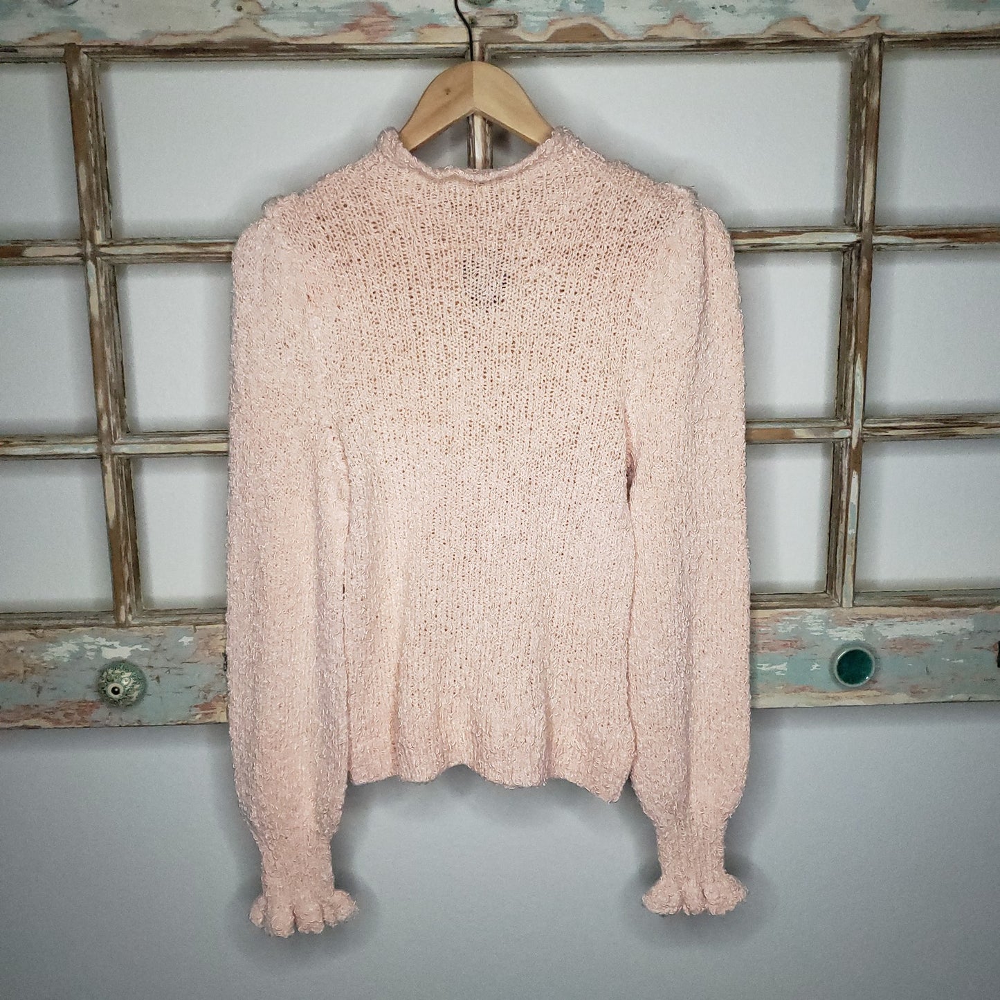 Vintage Light Peach Sweater Ruffles Neckline/ Cuffs ladies size small