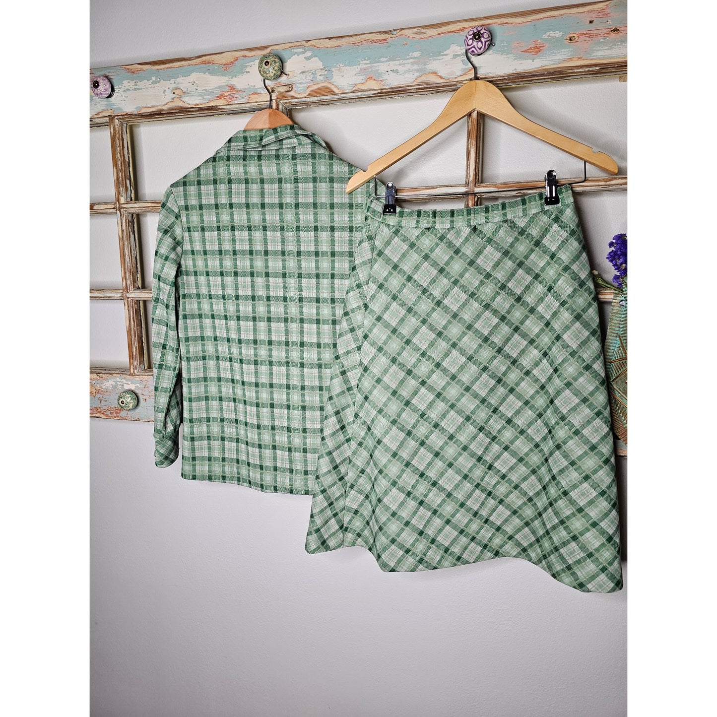 Retro Polyester 70's Skirt and Blazer Green Plaid Set Size 10