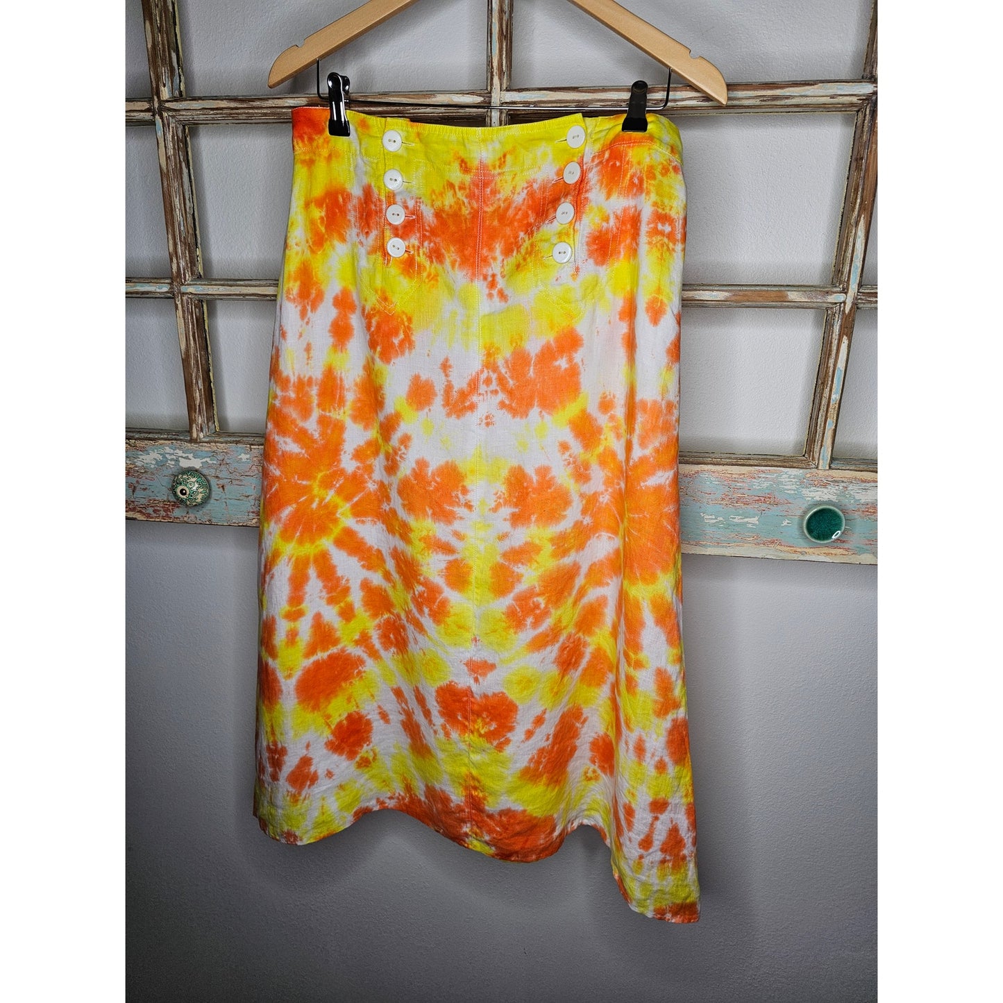 Linen Tie Dye Ladies Midi lined skirt In Yellow/ Orange by David Brooks Size 6