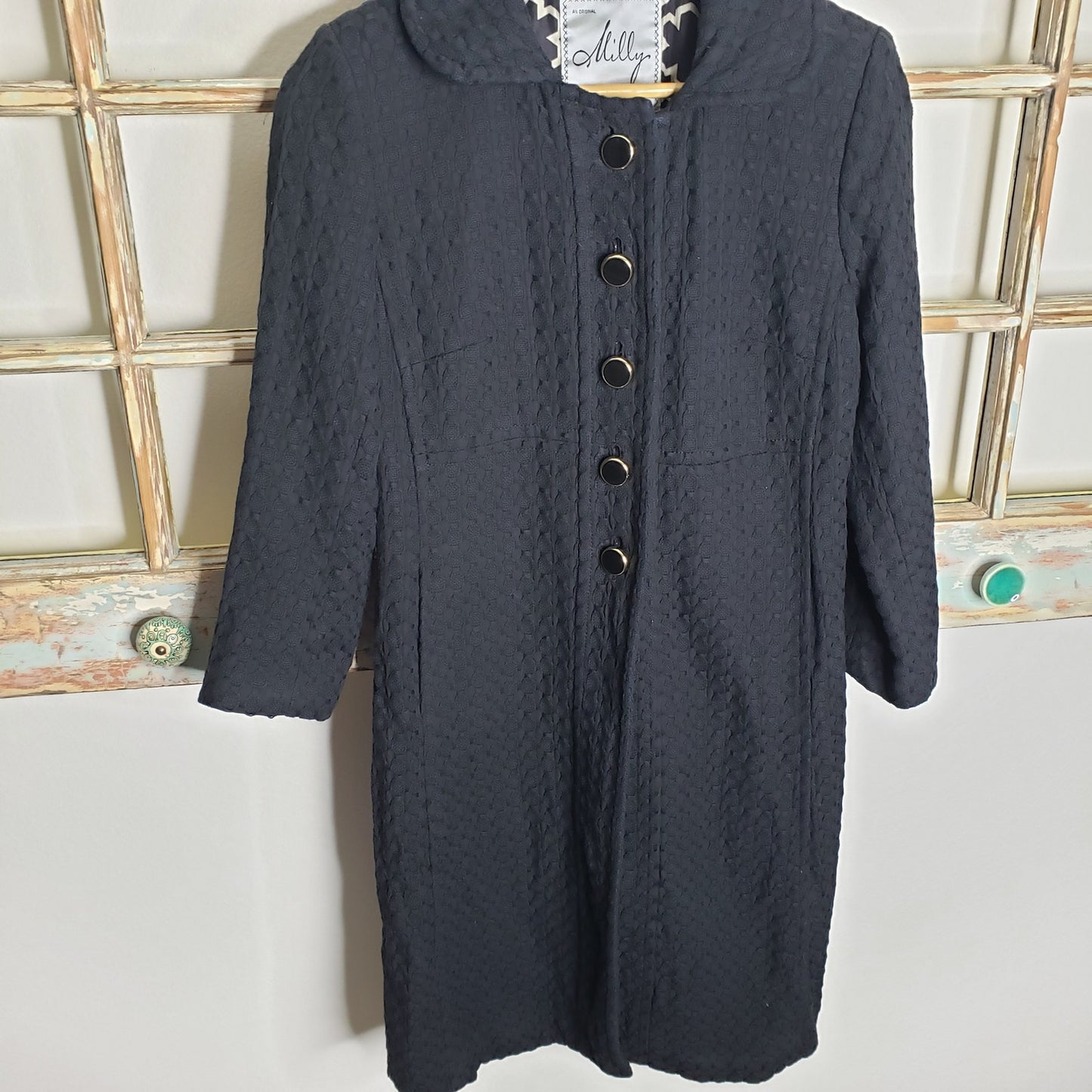 MILLY Basketweave cotton coat in black with gold accents size 8