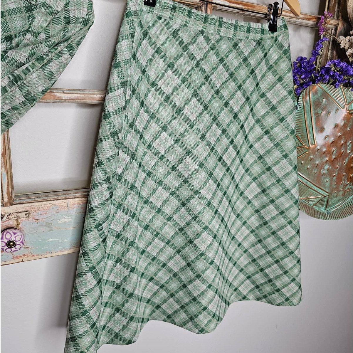 Retro Polyester 70's Skirt and Blazer Green Plaid Set Size 10