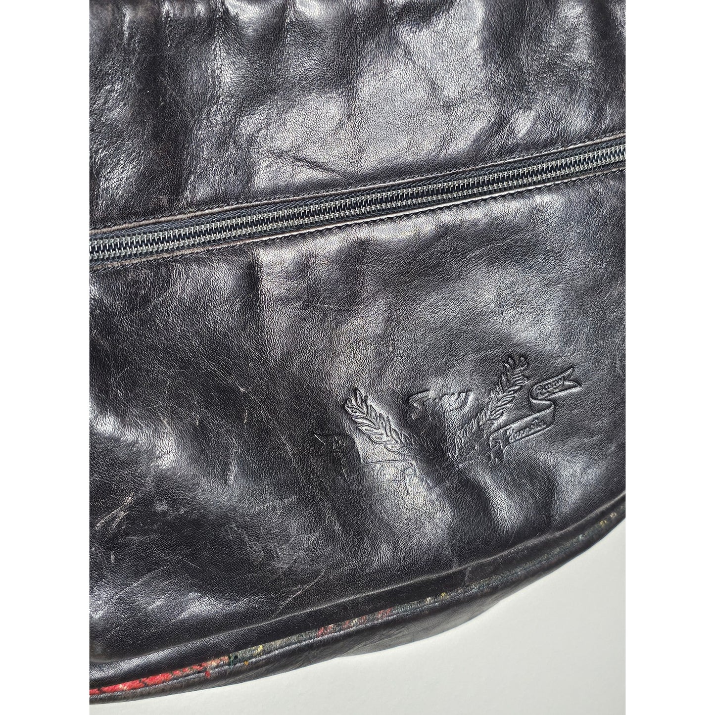Vintage Black Leather Shoulder Bag with Plaid Contrast Unisex bag by Envy