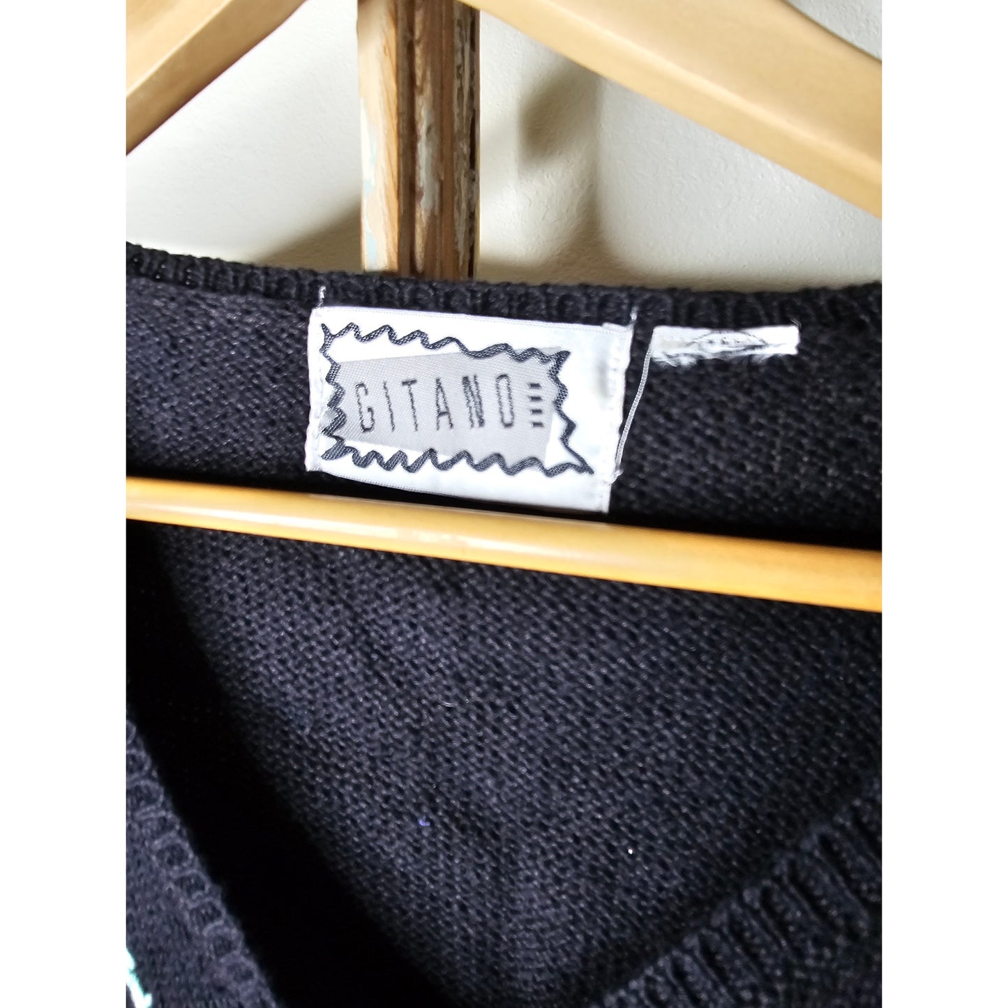 Vintage Gitano Black Sweater with Crochet flowers Ladies Size XL