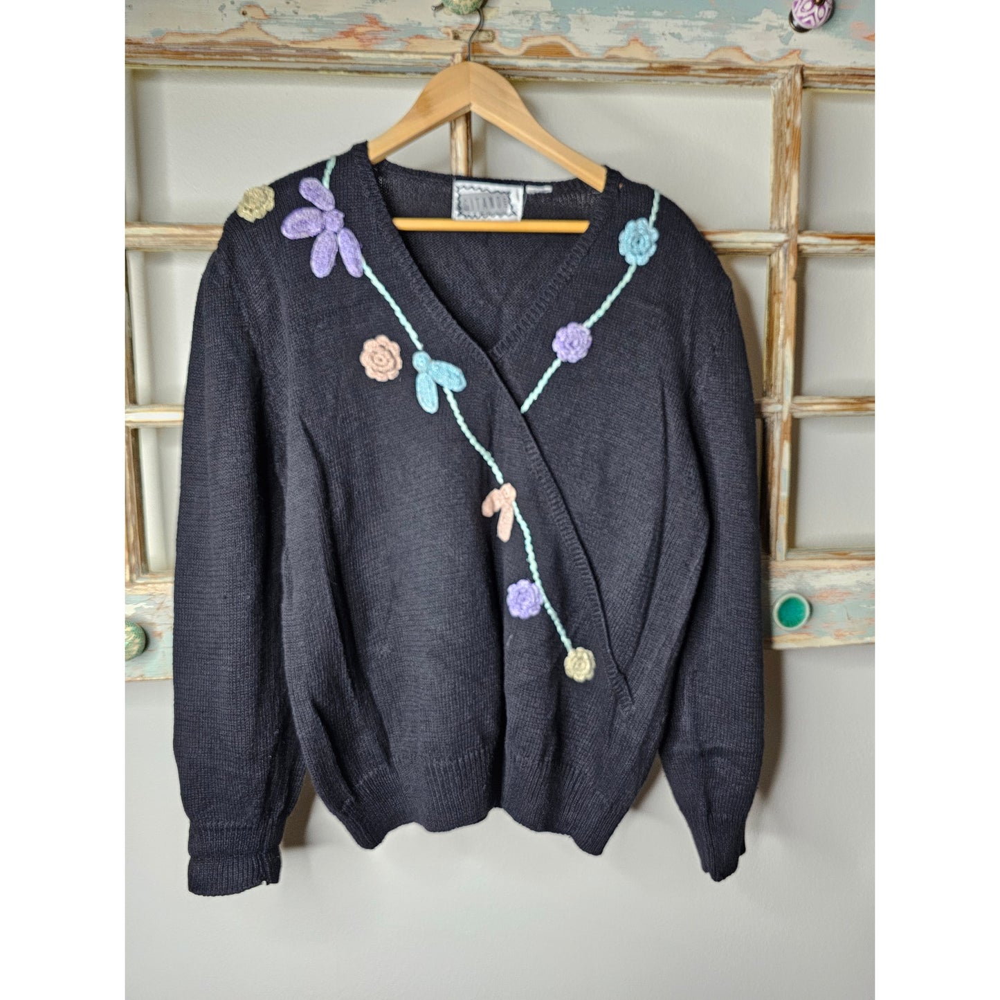 Vintage Gitano Black Sweater with Crochet flowers Ladies Size XL