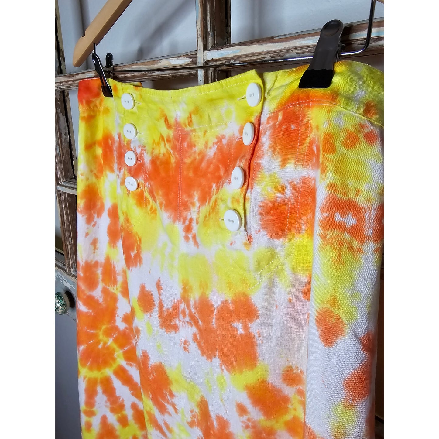 Linen Tie Dye Ladies Midi lined skirt In Yellow/ Orange by David Brooks Size 6