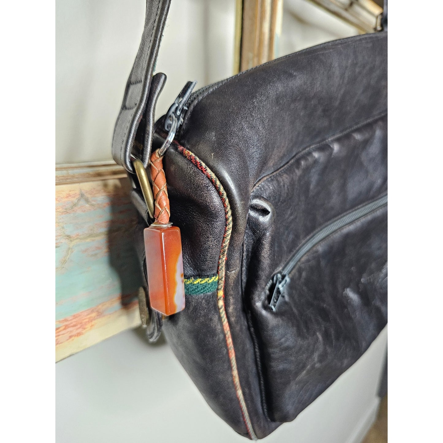 Vintage Black Leather Shoulder Bag with Plaid Contrast Unisex bag by Envy