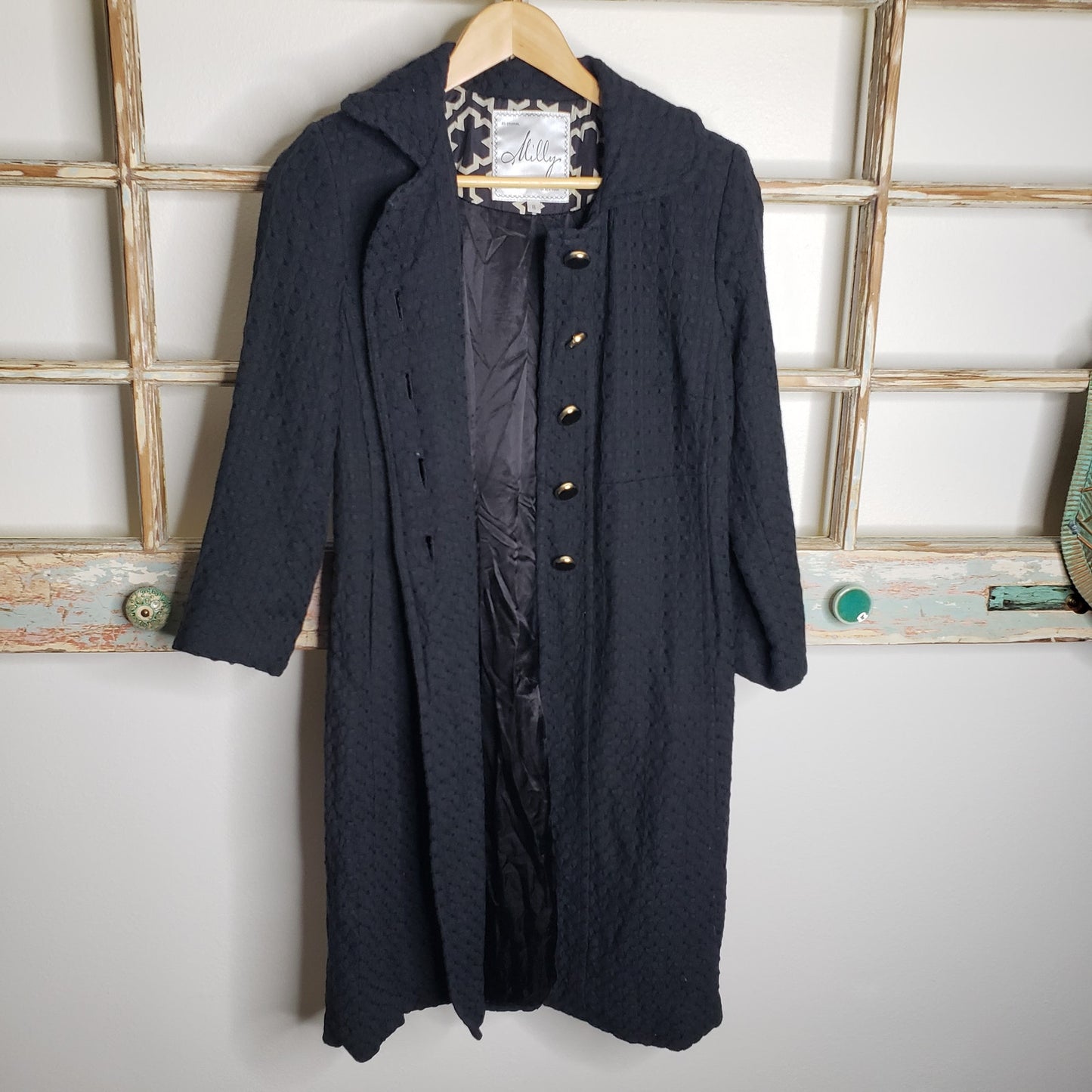 MILLY Basketweave cotton coat in black with gold accents size 8