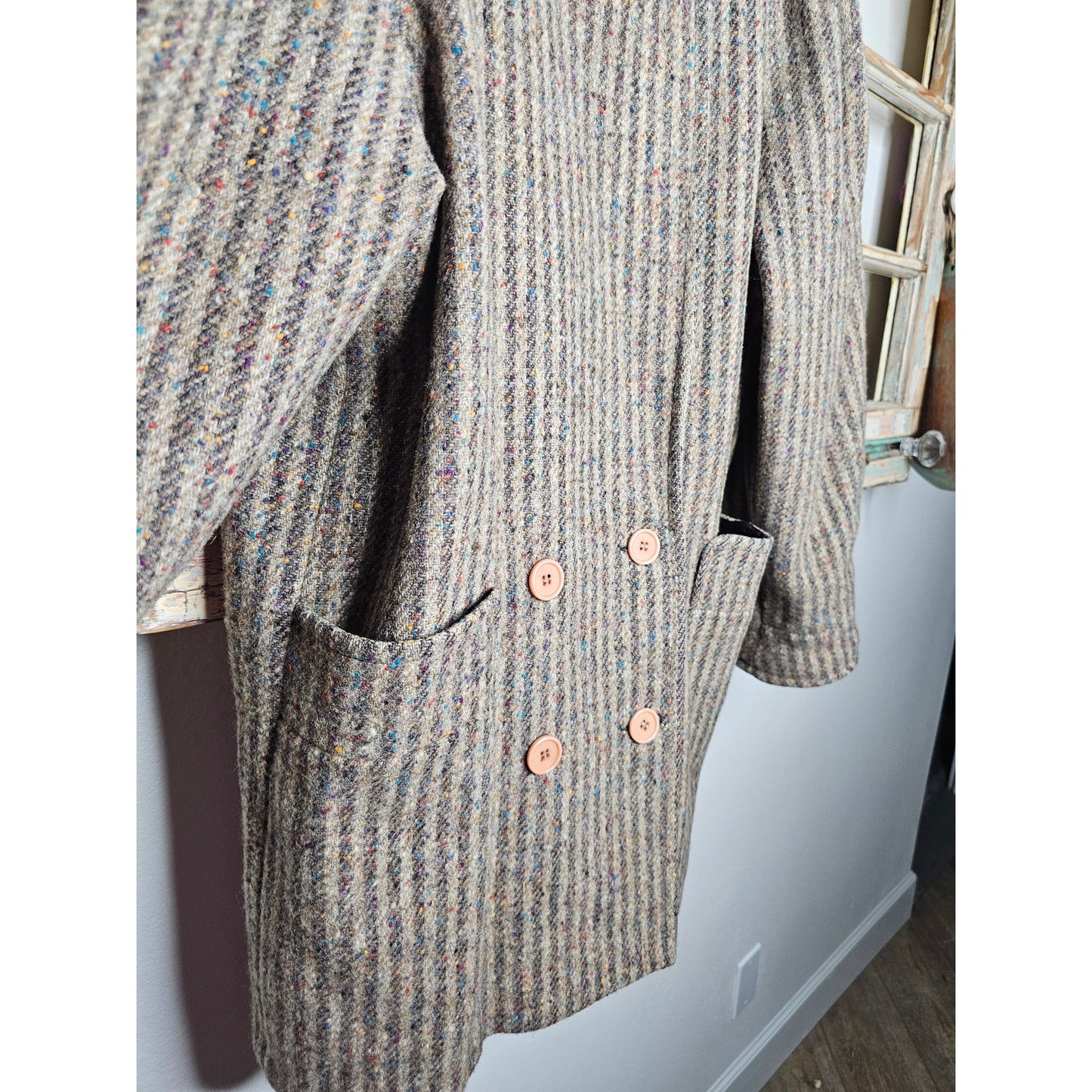 Wool Double Breasted Womans coat with pockets and leather accents size 1X
