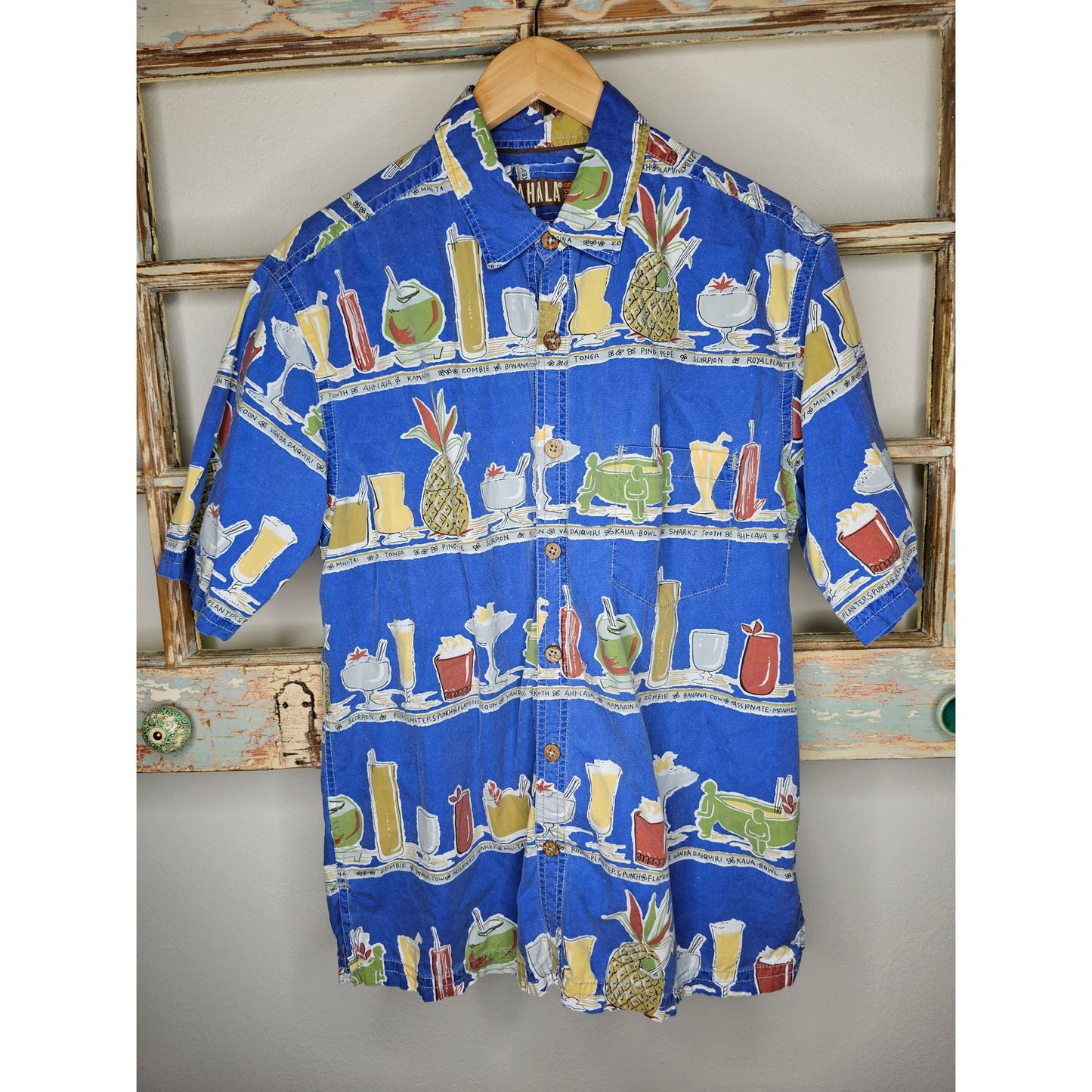 Kahali Hawaiian Shirt Tropical Drinks Button Up Short-Sleeve Size Large