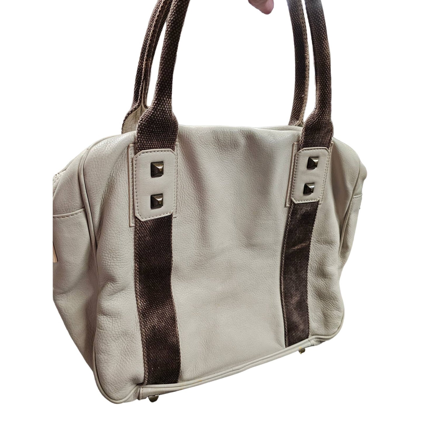 Supple Cream Leather Handbag by Falor with Duck fabric distressed handles