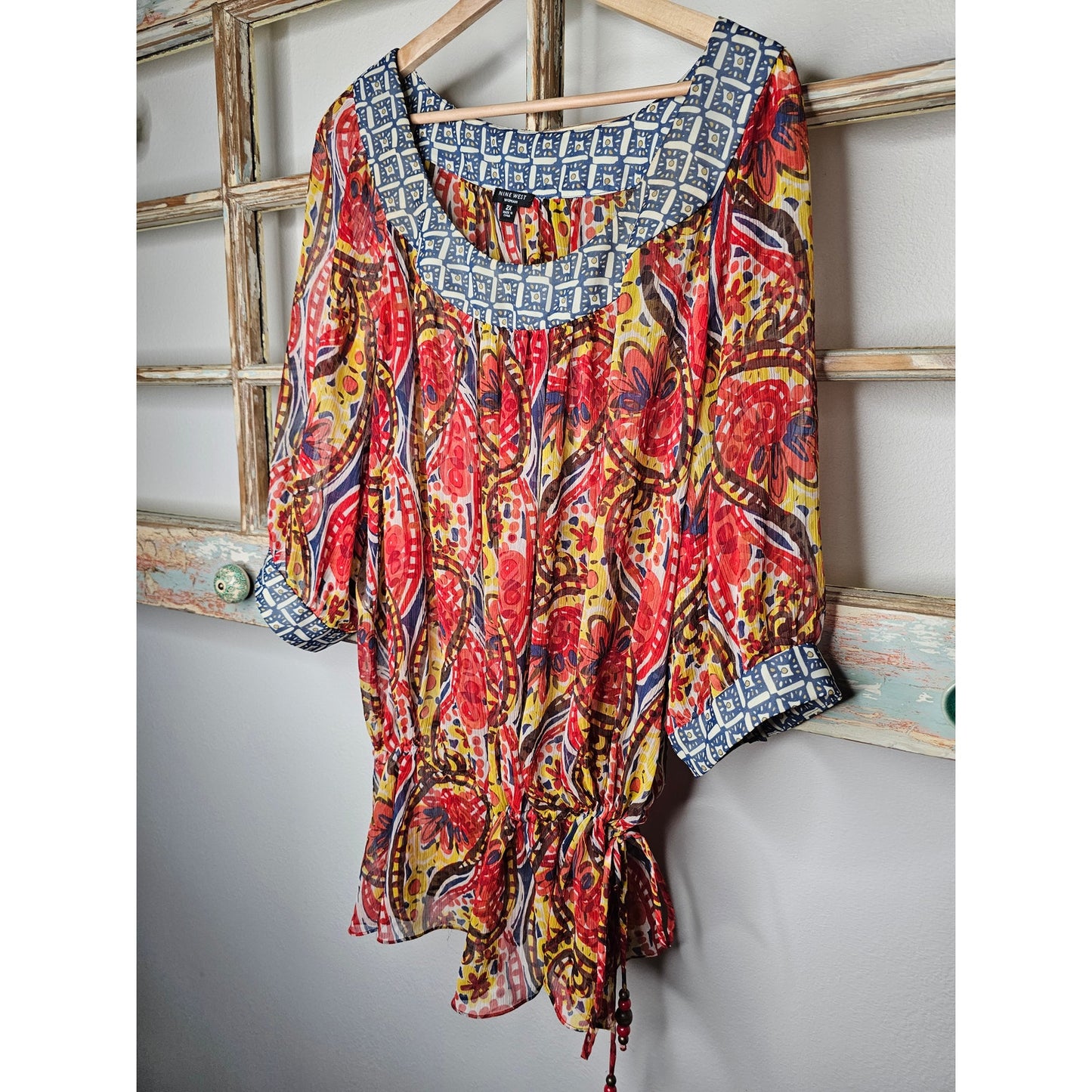 Nine West Vibrant Sheer Drawstring Scoop neck blouse size 2X