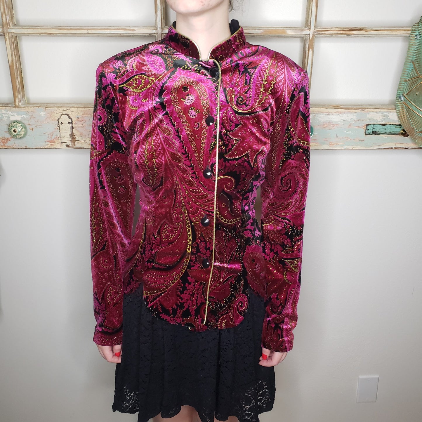 Vintage R & K Evening velvet button down fitted jacket ladies size small