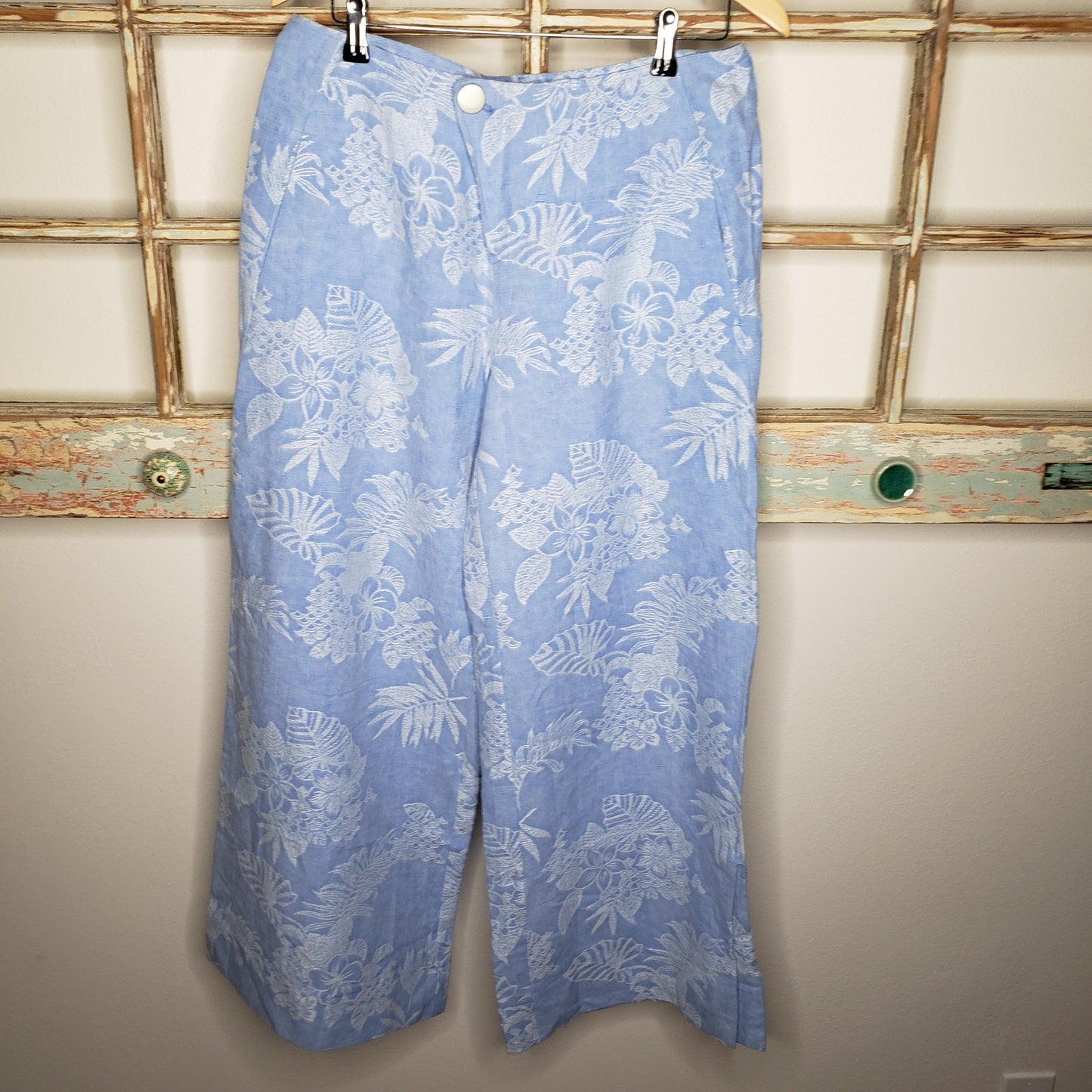 Metro Style Linen wide leg pants with floral embroidery size 12