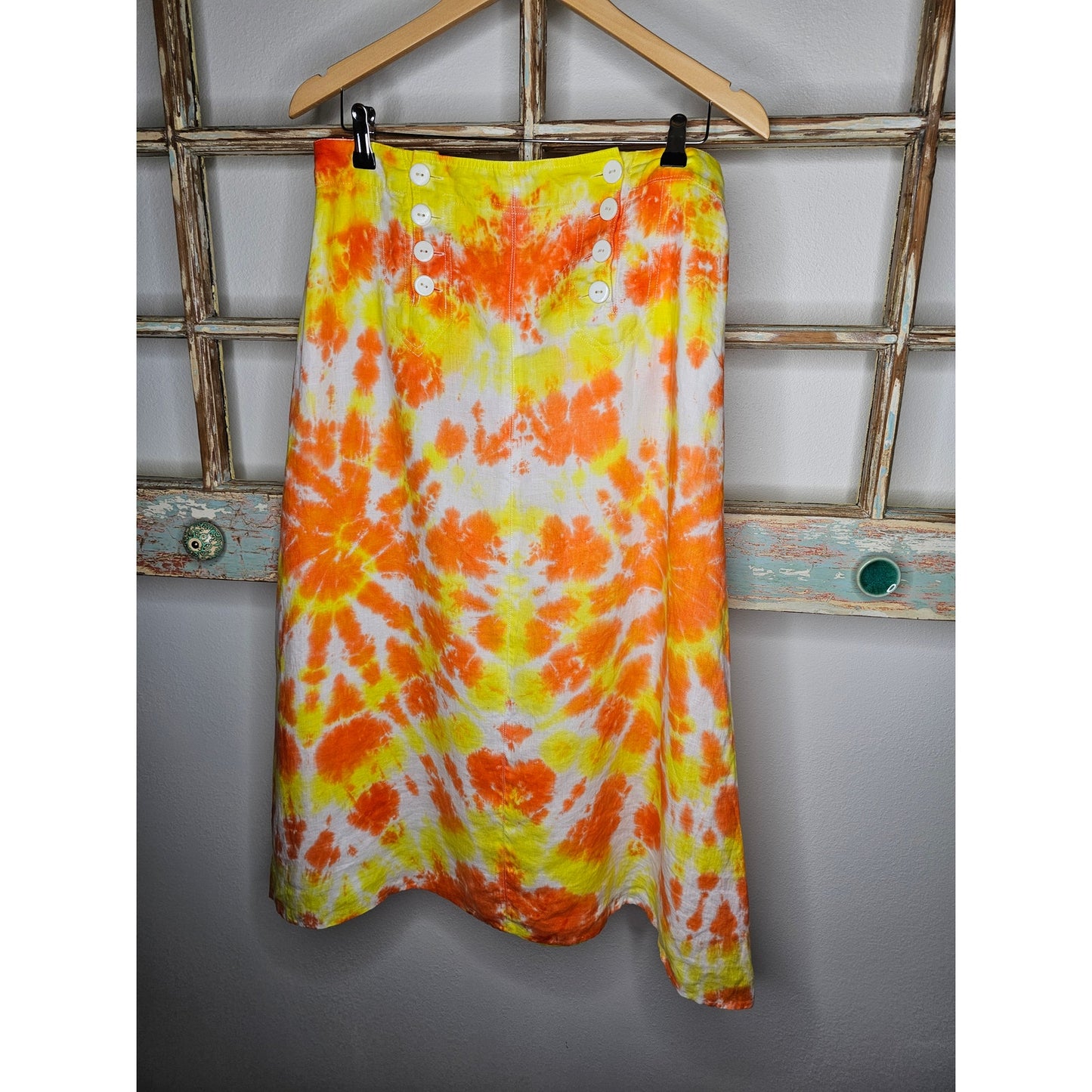 Linen Tie Dye Ladies Midi lined skirt In Yellow/ Orange by David Brooks Size 6