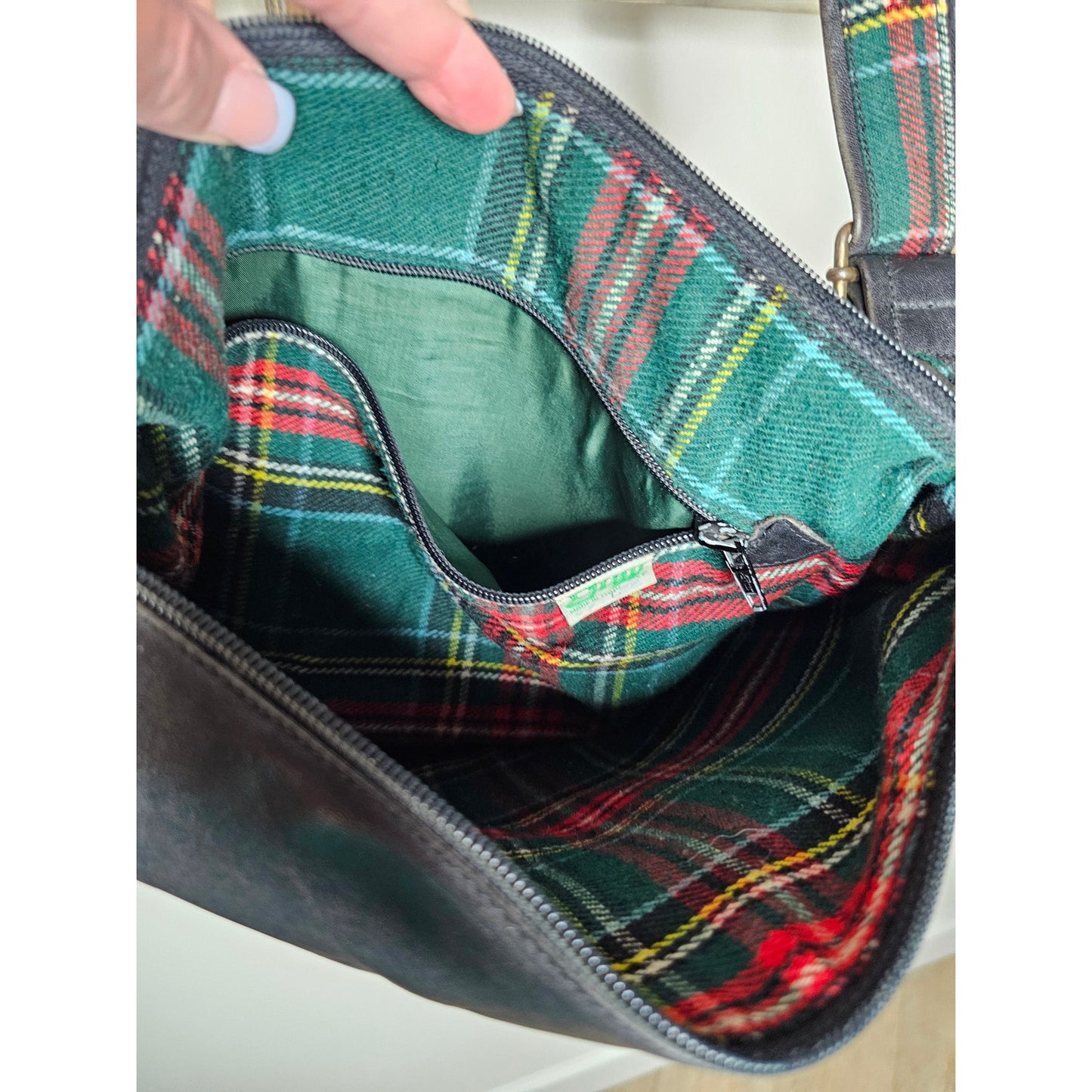 Vintage Black Leather Shoulder Bag with Plaid Contrast Unisex bag by Envy