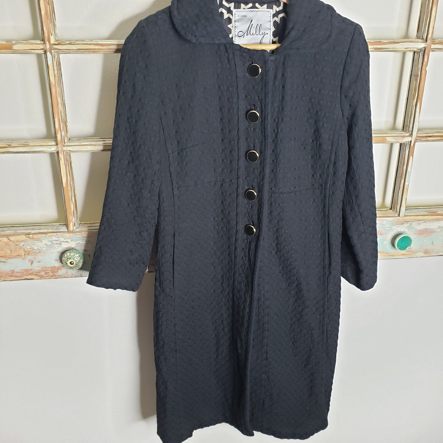 MILLY Basketweave cotton coat in black with gold accents size 8