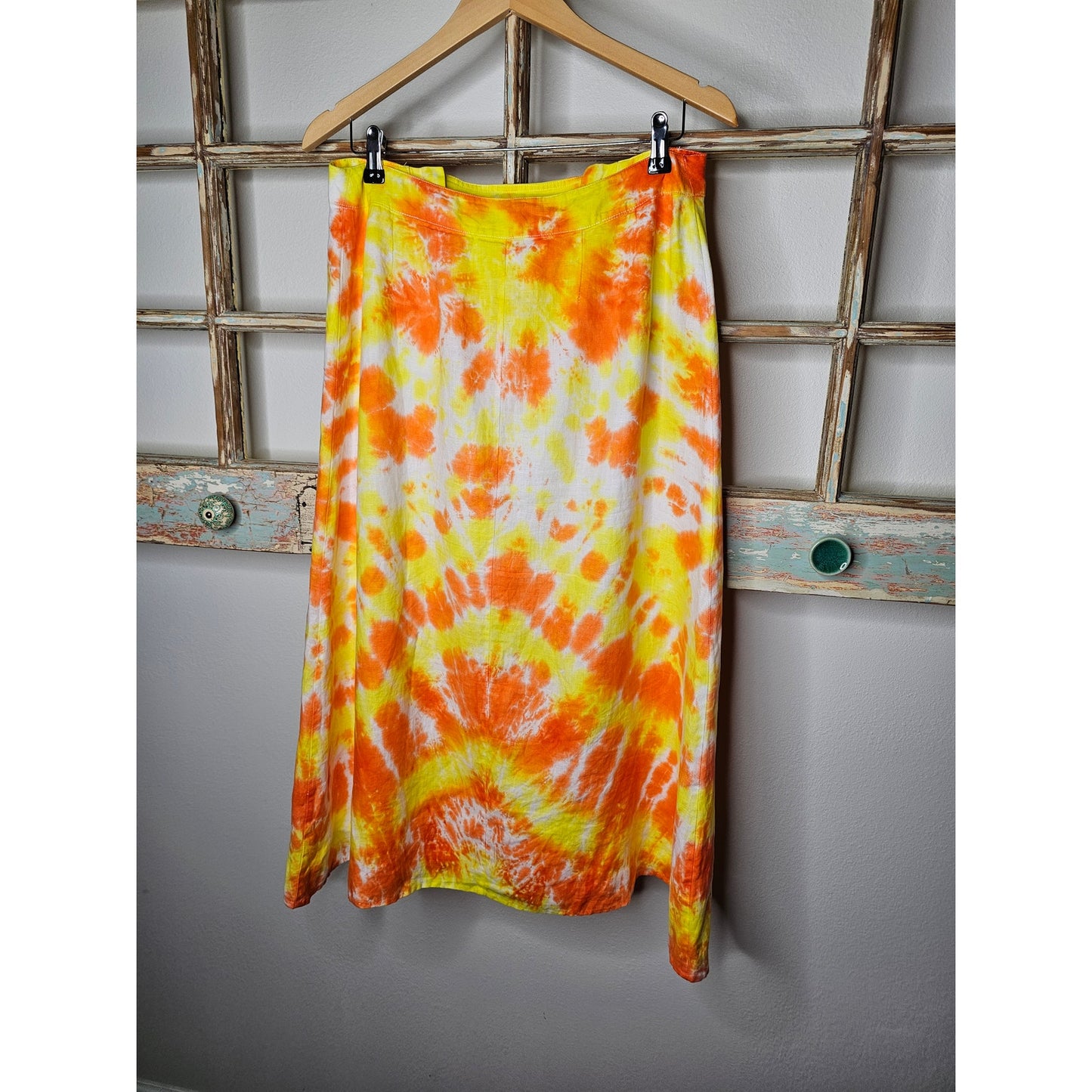 Linen Tie Dye Ladies Midi lined skirt In Yellow/ Orange by David Brooks Size 6