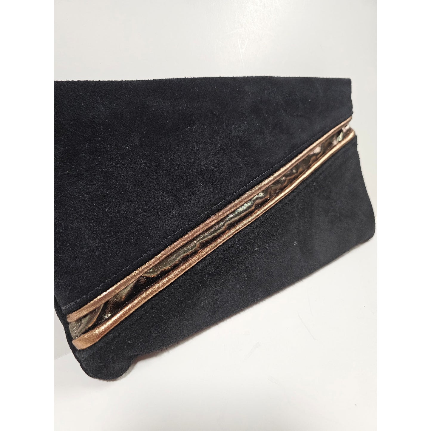 Vintage Clutch Black Suede with metal zipper and Copper strap