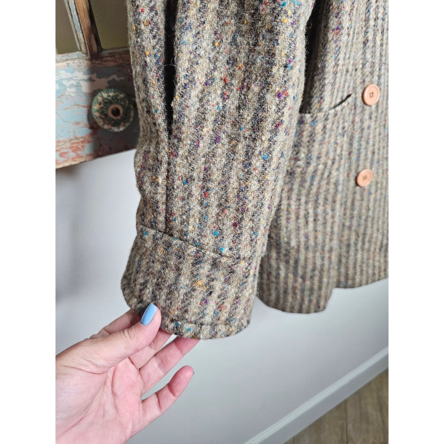 Wool Double Breasted Womans coat with pockets and leather accents size 1X